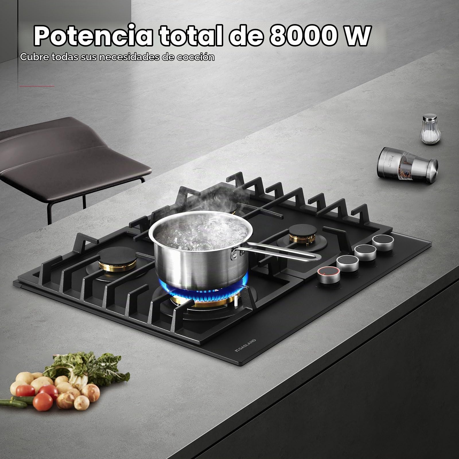 GASLAND PRO GH2604BG1FC - Placa de cocción con 4 luces de cristal, mesa de cocción con botones iluminados, 60 cm con quemadores de latón, compatible con Butano, 8000 W