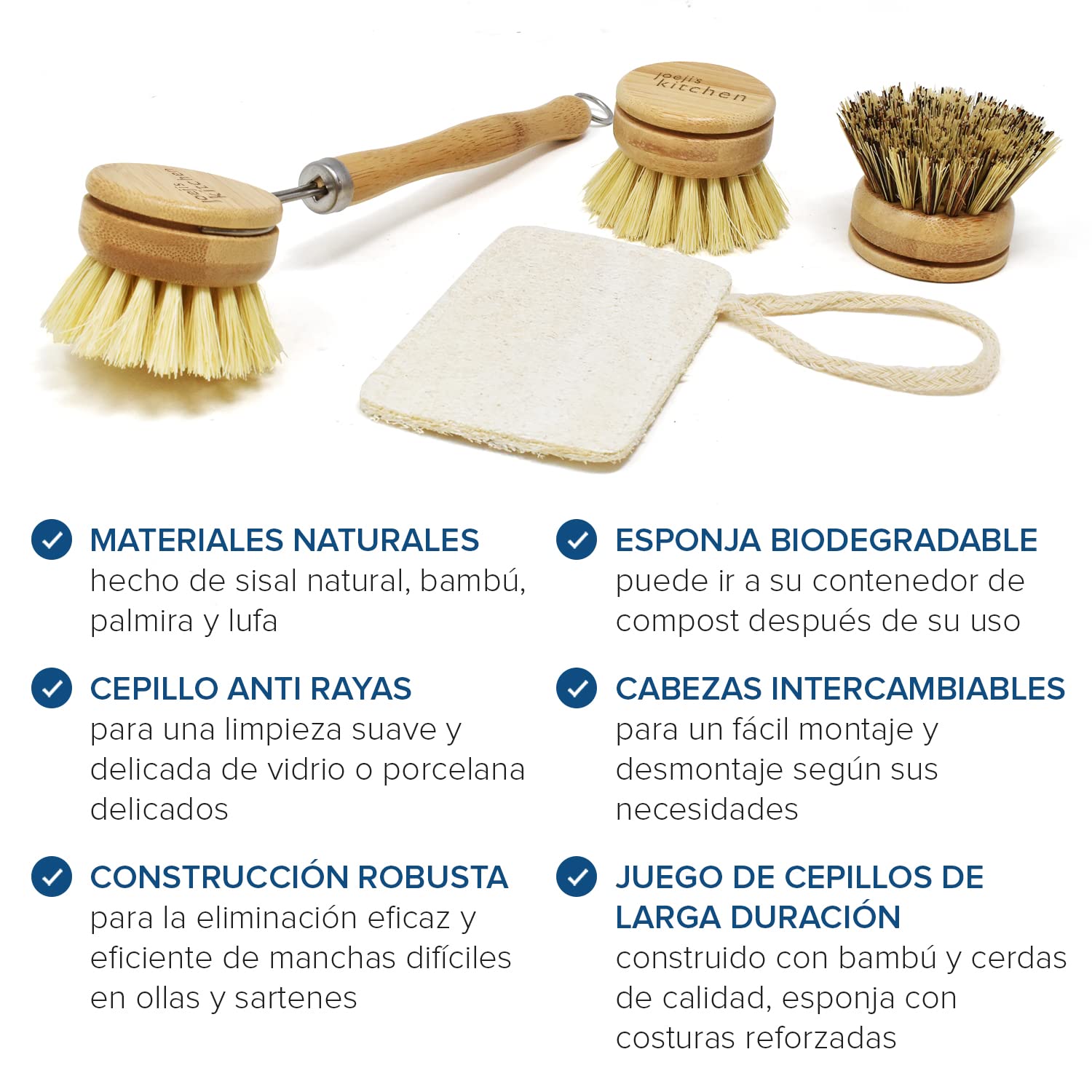 Joeji's Kitchen Juego de cepillos ecológicos de Madera de bambú, Estropajo económico ecológico con Cabezales Intercambiables, Cepillo de Limpieza para Tazas, Platos o Cubiertos