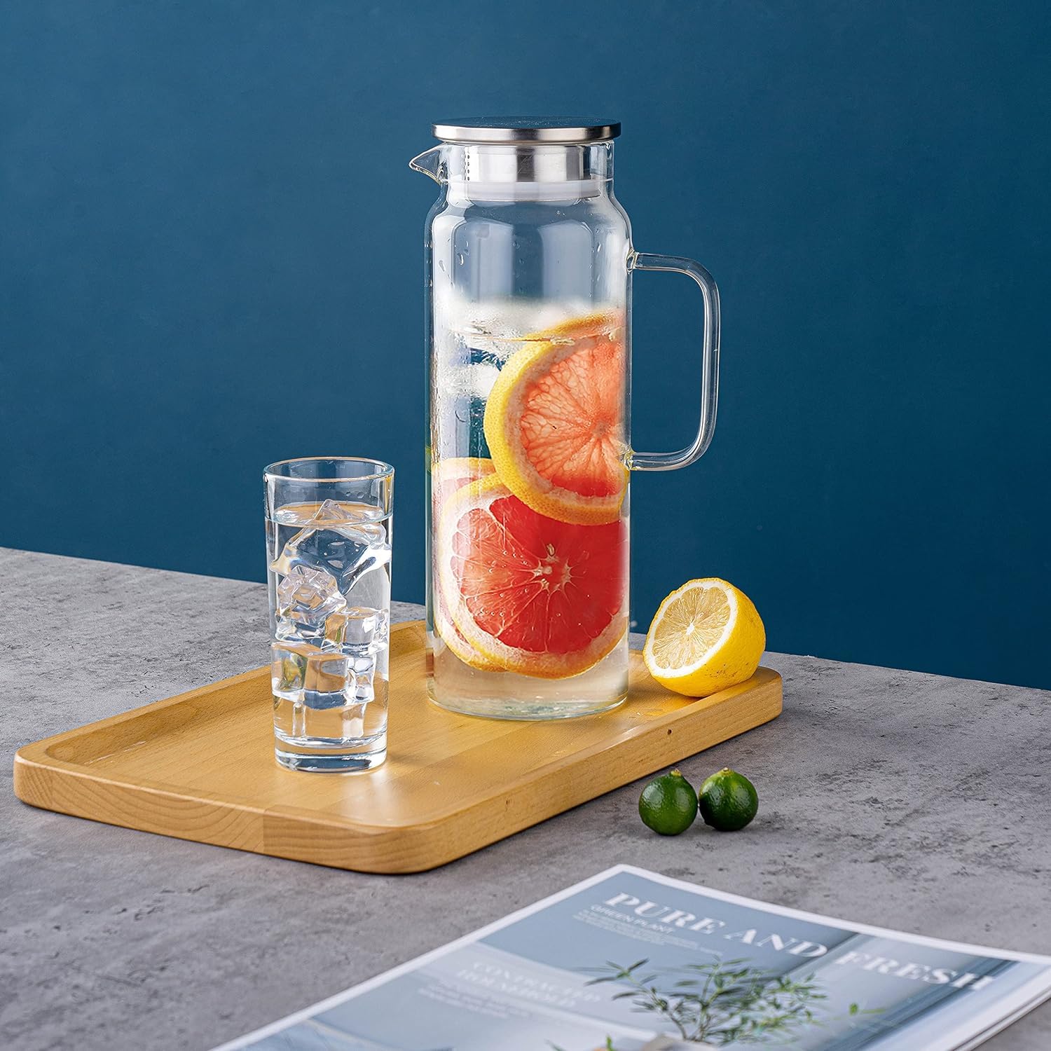 Litimkat Szklana karafka na wodę, 1,5 l, odporna na wysokie temperatury, dzbanek na wodę z zamkniętą pokrywką, do gorącej/zimnej wody, wina, mrożonej herbaty i napojów sokowych