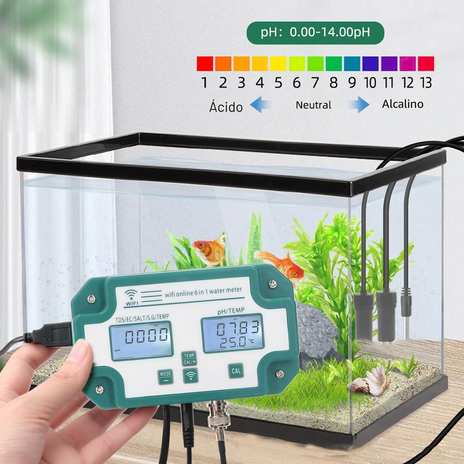 Medidor de Calidad del Agua Alta Precisión 6 en 1 PH TDS EC SG Probador de Temperatura de Sal Conexión WiFi Detector de Calidad del Agua para Agua Potable(Enchufe de la UE)