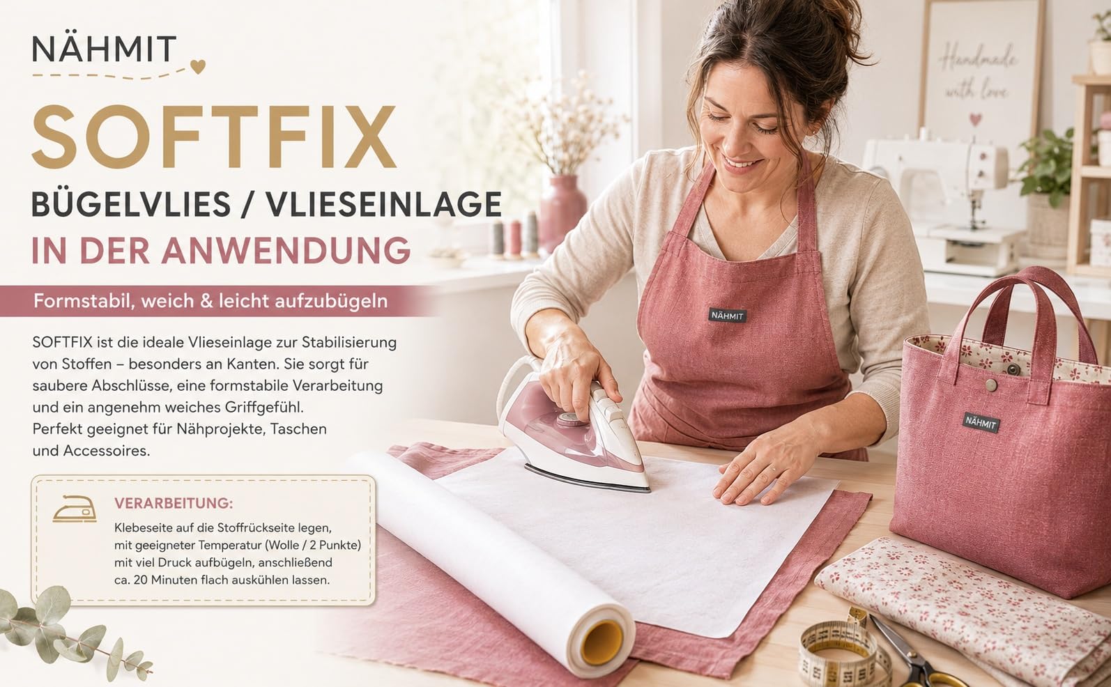 Nähmit SOFTFIX Włóknina do prasowania, szerokość 90 cm – wkładka z włókniny do naprasowywania, nadaje się do prania w temperaturze 40°, typ 250 (10 m x 90 cm)