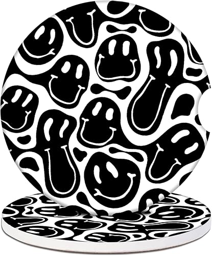 Portavasos para automóvil, posavasos de cerámica absorbente de cara sonriente hippie negro, paquete de 2, posavasos antideslizantes para portavasos