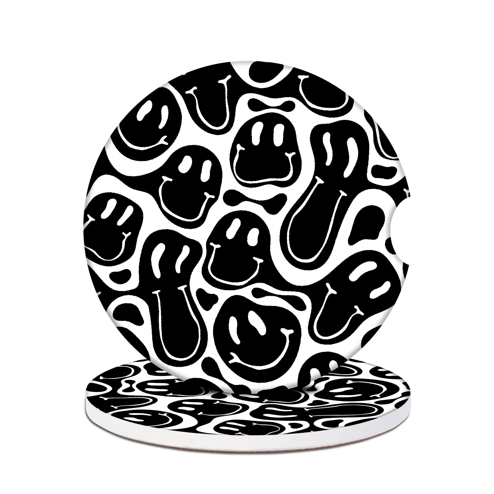 Car Cup Holder Coasters - Black Hippie Smiley Face Absorbent Ceramic Coaster 2 Pack, Anti Slip Car Coasters for Cup Holders, Fashion Car Interior Accessories Drink Coaster for Women & Men