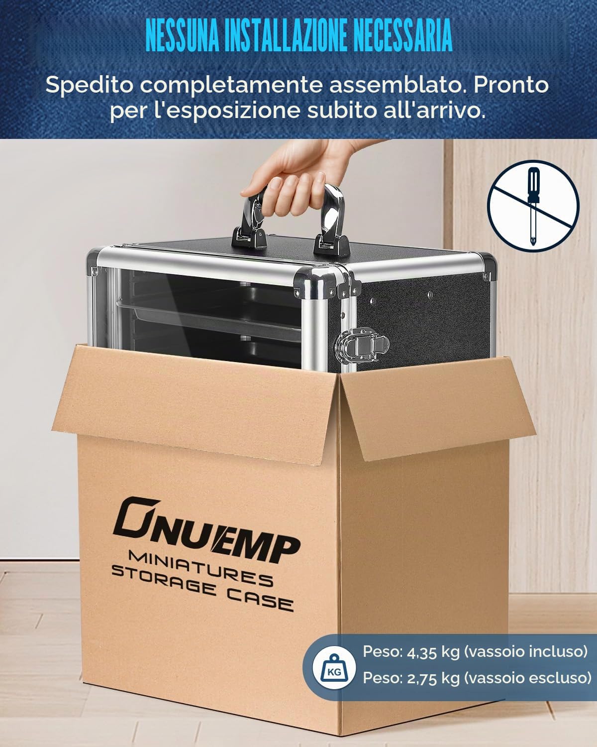 ONUEMP Valigetta per Miniature da Tavolo con Supporto per il Trasporto in Lega di Alluminio con Tracolla, 6 Scompartimenti, Argento