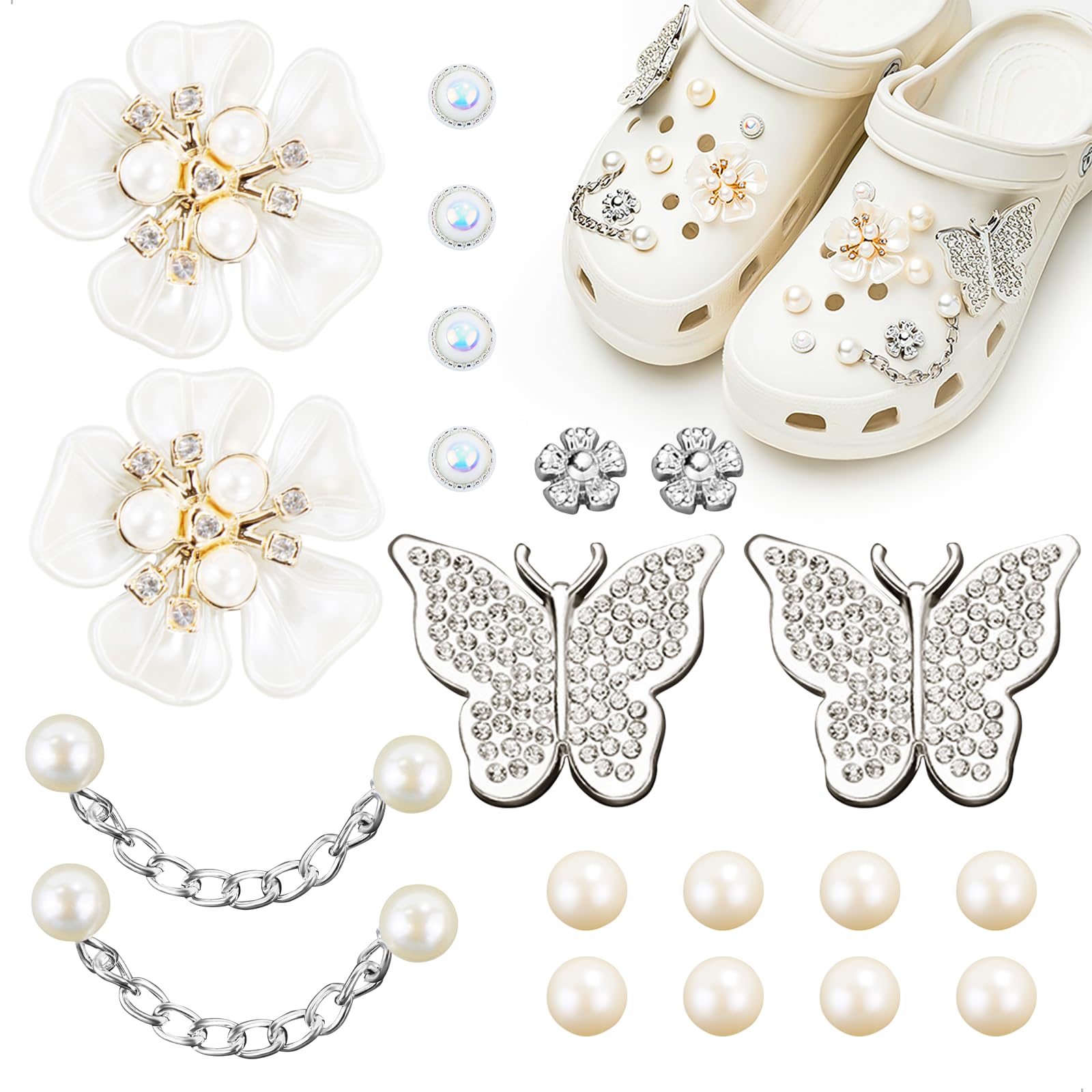 20 sztuk Crocs Ornamenty, Charms Crocs z perłowymi łańcuchami, Pin Crocs Motyle Deco, Kwiaty Croc Pin, Zdejmowane DIY Akcesoria Croc dla kobiet Dorosłych