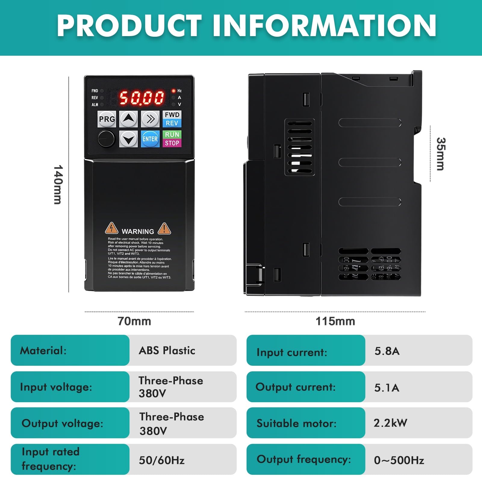 Variador de frecuencia trifasico 380V 2,2KW, VFD Entrada trifásica 380 V Salida trifásica 380 V Convertidor de frecuencia Inversor de frecuencia para Control de Velocidad del Motor del Husillo CNC