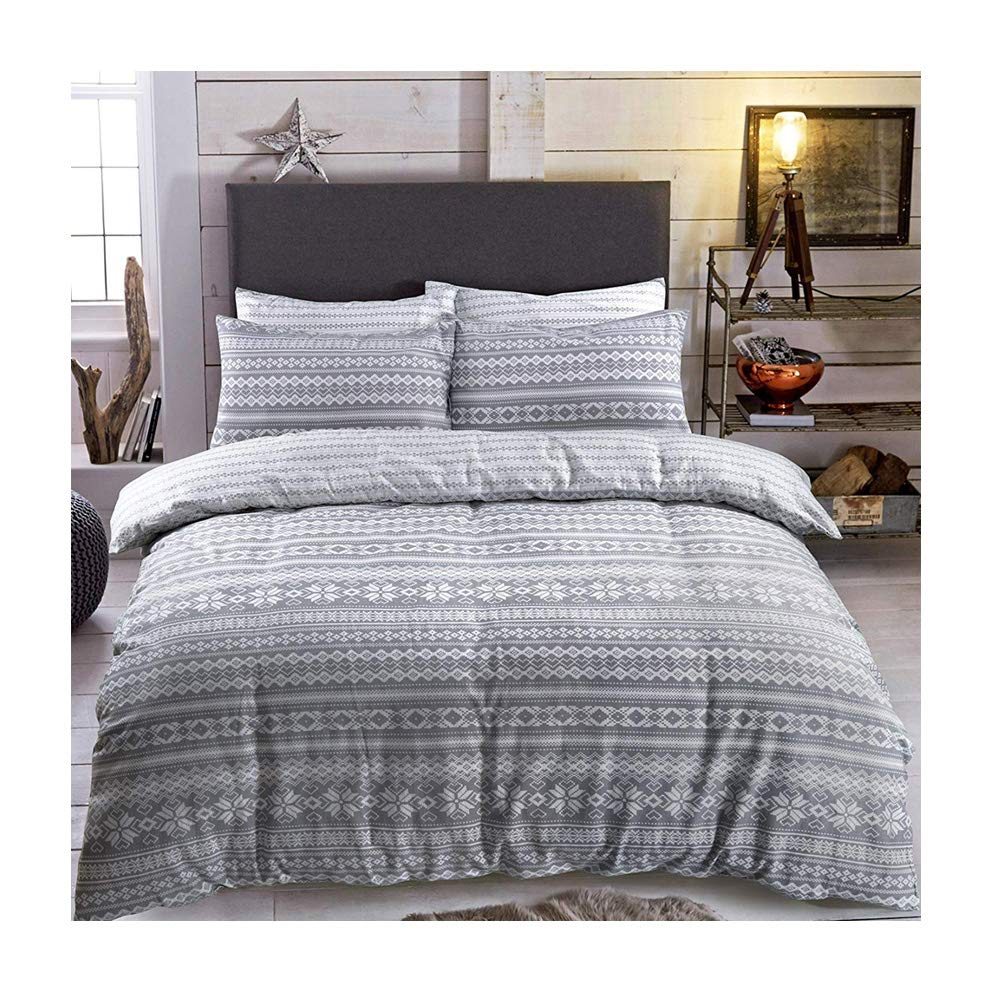 Flannel Duvet Cover Set Single Bed with Pillowcase Quilt Reversible Printed Brushed Cotton, Fairisle Grey