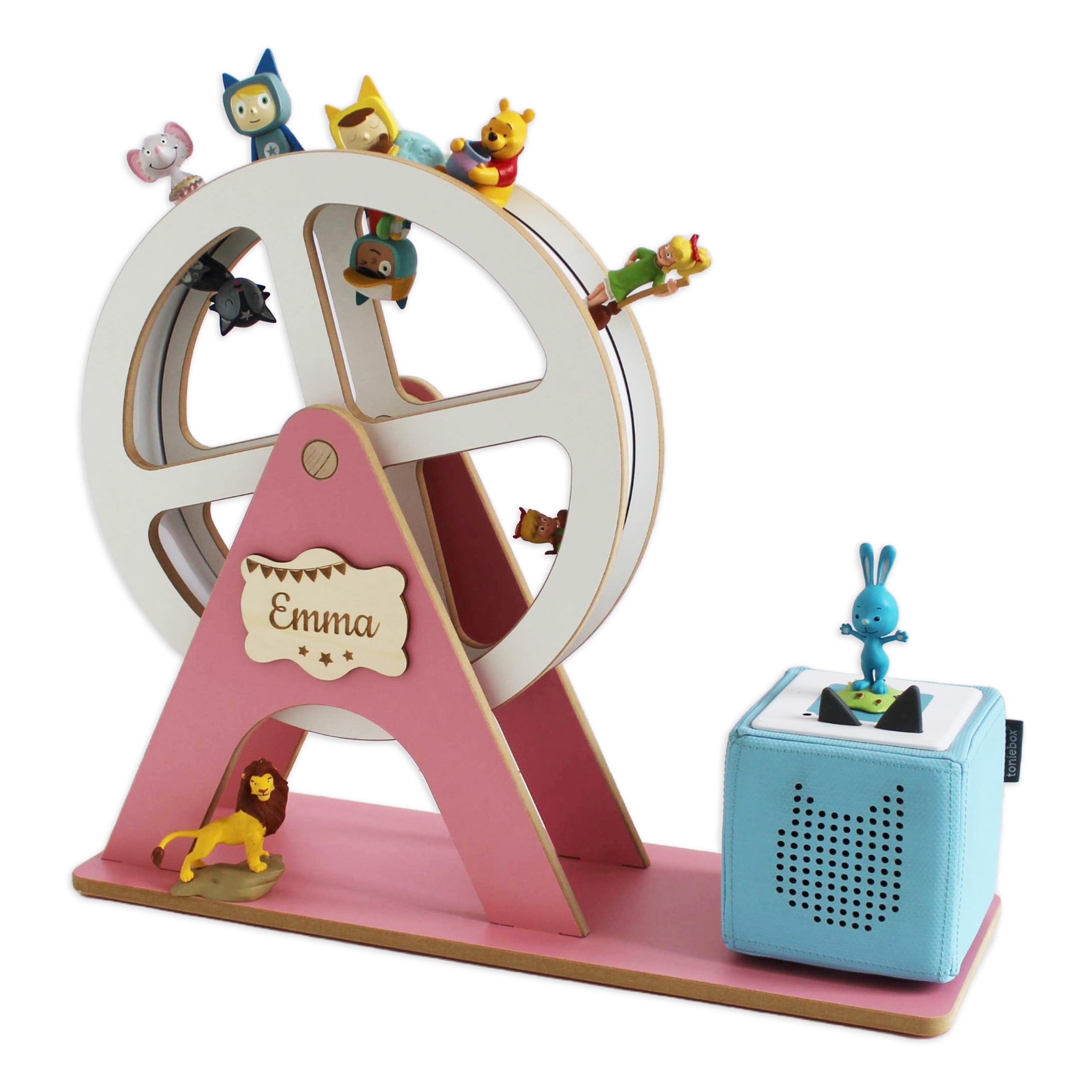 Holzura - XXL Regal für Toniebox 2, Toniefiguren Riesenrad, Aufbewahrung für Tonies, Halterung für Toniebox, drehbar und personalisierbar mit Name