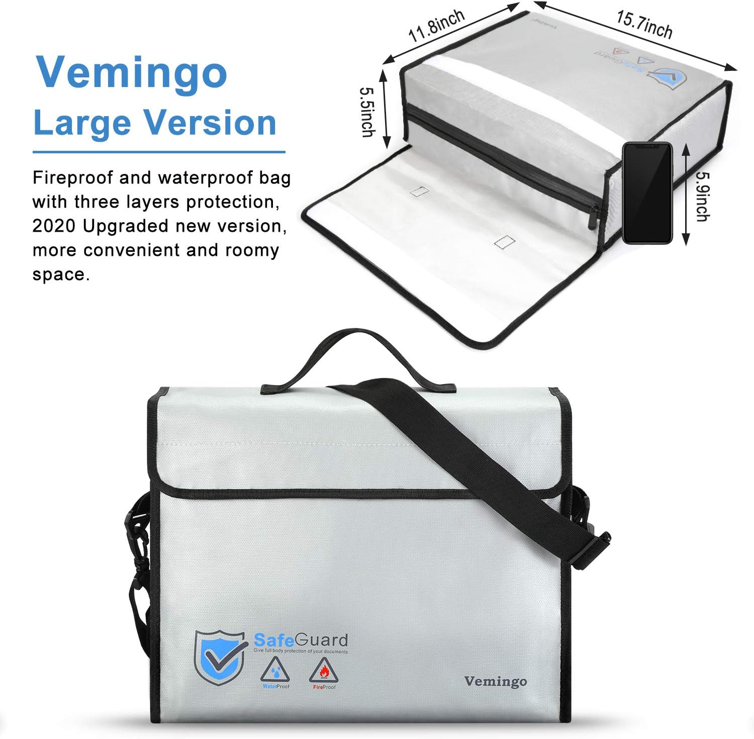 Vemingo Fireproof Bags Fire Safe Storage Bag Waterproof Fire-Resistant Document Bags Holder for Money, Document,s Jewelry, Passport, Laptop