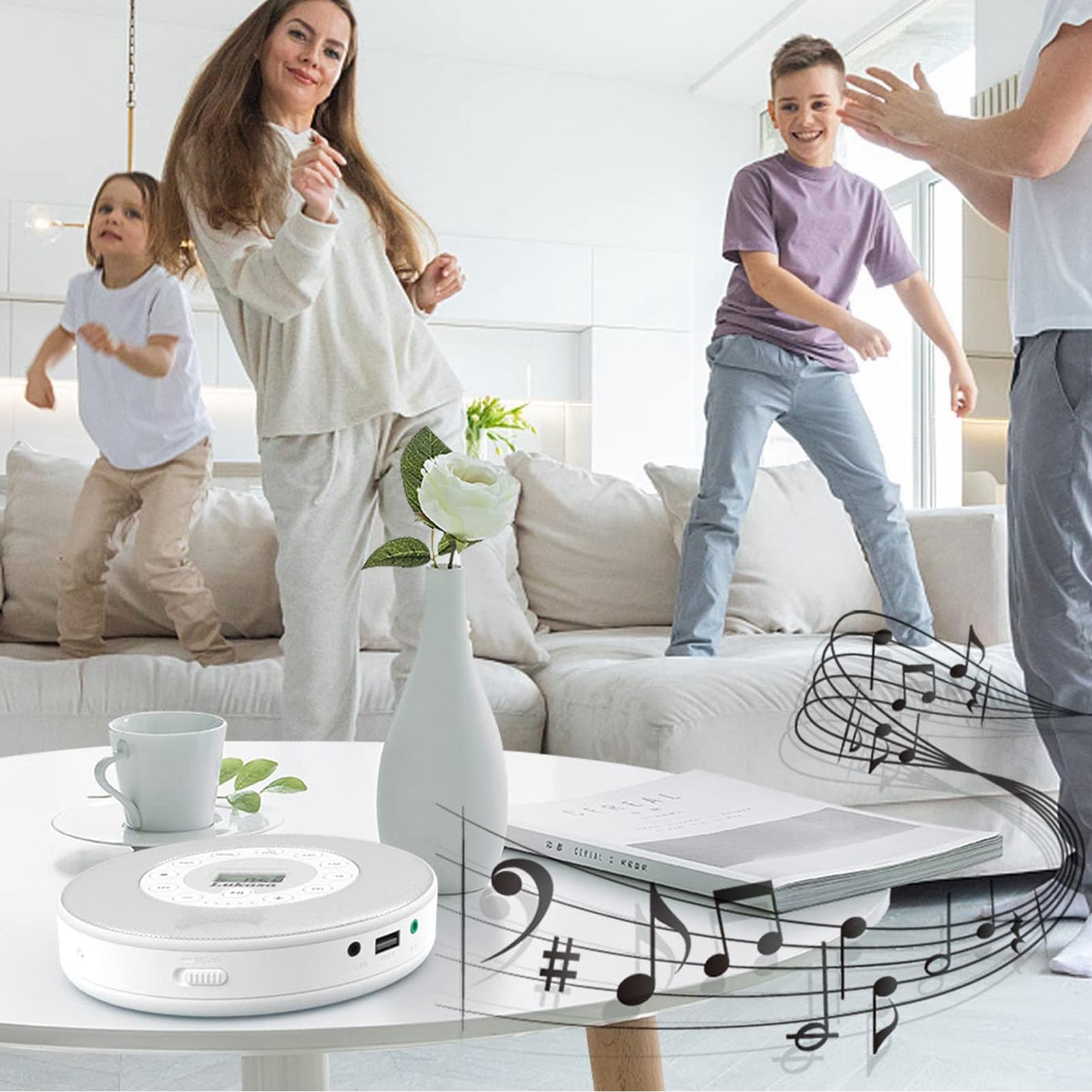 Ejoyous Przenośny Odtwarzacz CD, Odtwarzacz CD Bluetooth z ABS i Wbudowanym Głośnikiem, Akumulator 2000 MAh, Wyjście USB 3,5 Mm, Odtwarzanie MP3 do Słuchania w Samochodzie i w Domu (WHITE)
