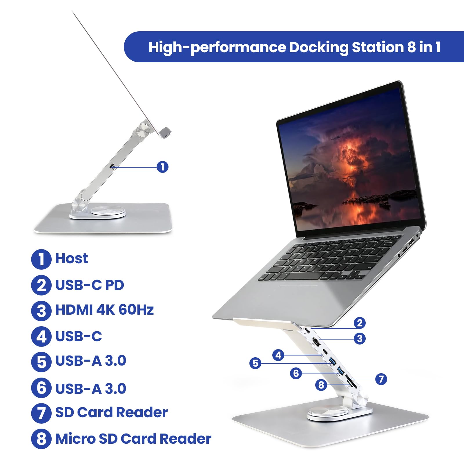 Ewent Supporto per Laptop da Scrivania in Lega di Alluminio, Supporto PC Docking Station 7 in 1 con cavo USB-C, Rialzo per Laptop Ergonomico Regolabile in Altezza con Rotazione 360°, Base Antiscivolo