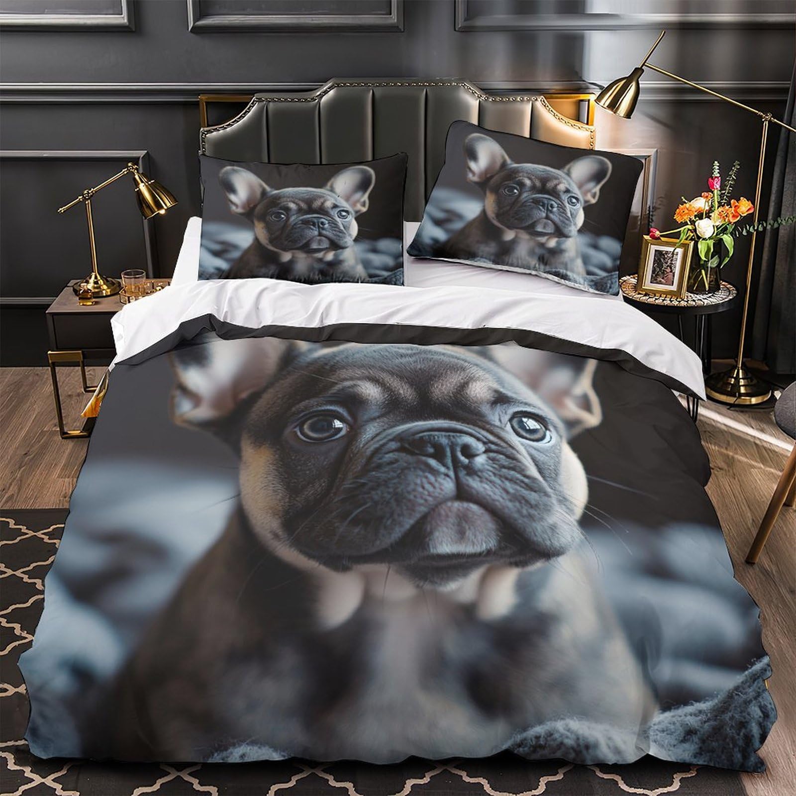 Housse de couette bouledogue français hypoallergénique et douce en microfibre 3D
