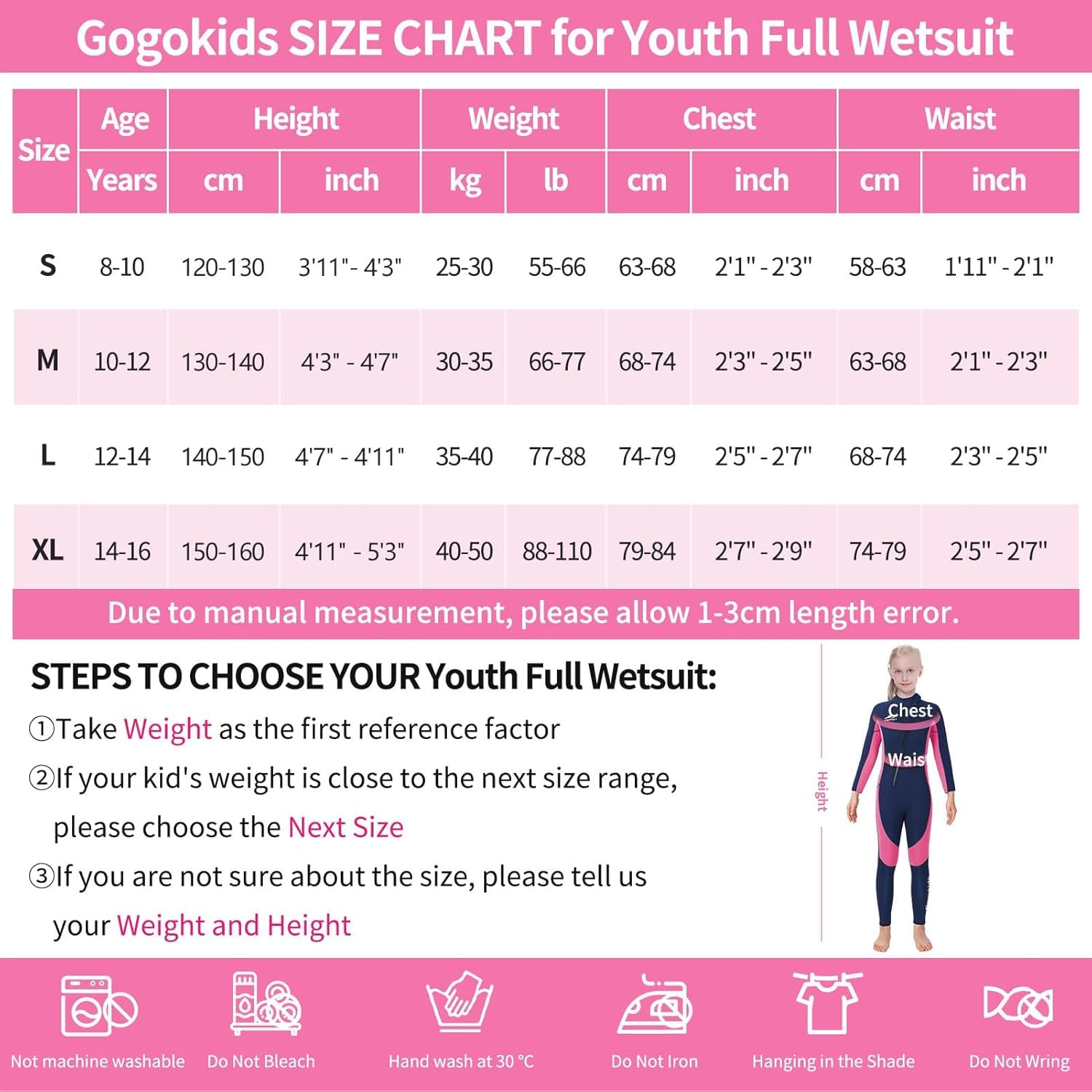 Gogokids Neoprenanzug Kinder, 8-16 Jahre Neopren Thermal Badeanzug, Front Zipper Lang Taucheranzug, UV 50+ Sonnenschutz Ideal für Schwimmen, Surfen, Tauchen