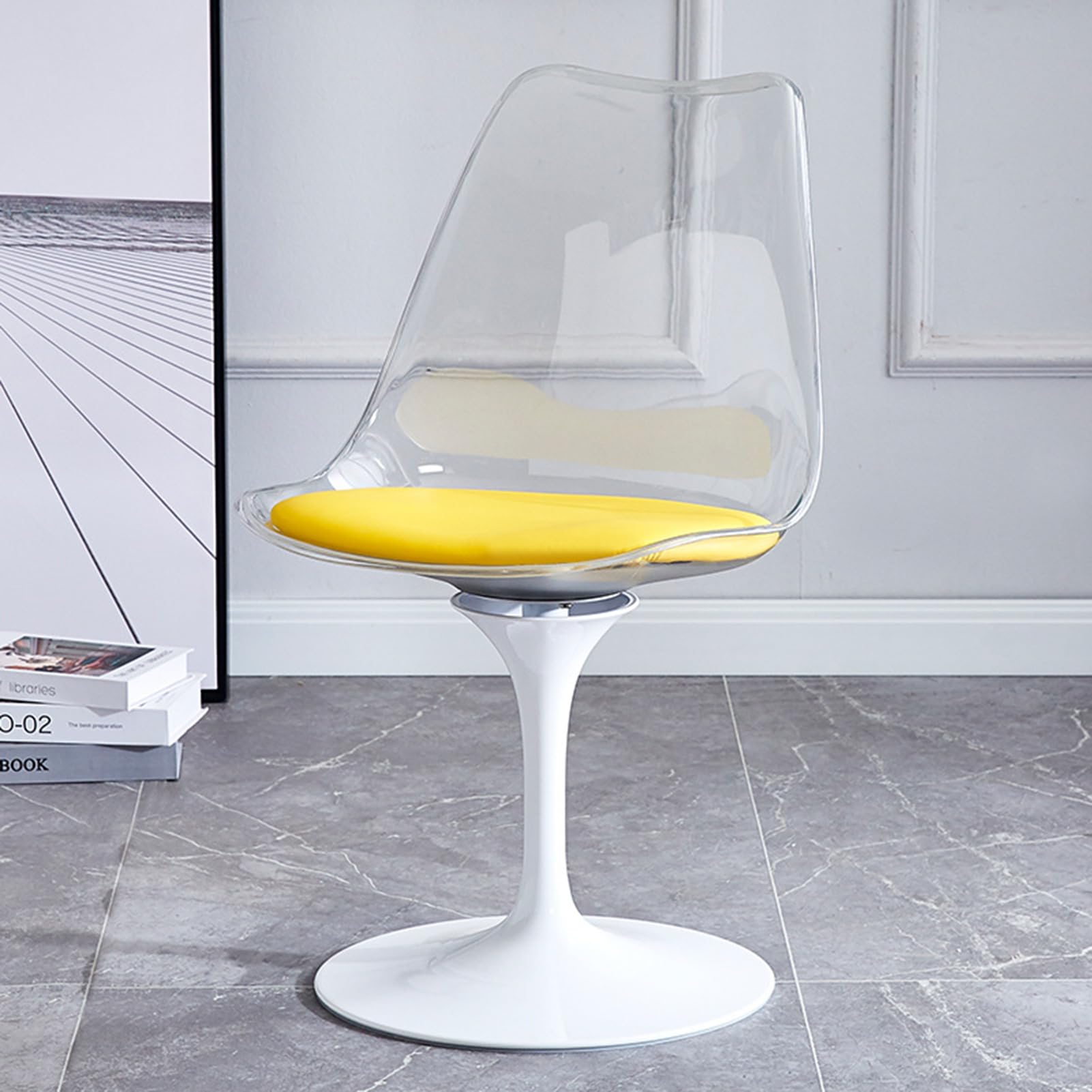 Clear Swivel Tulip Dining Chair with Leather Soft Cushion, Armless Acrylic Side Chair for Office, Kitchen, Living Room