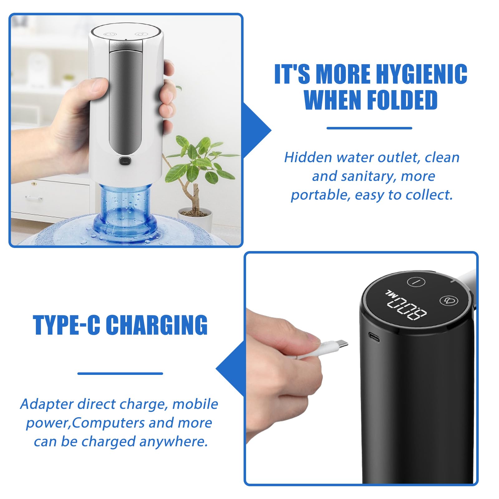 Waterflespomp, 4.5L ~ 18.9L Draagbare Waterfles Dispenser Elektrisch USB Opladen Automatische Drinkwaterpomp voor Keuken Thuiskantoor Camping Picknicks(wit