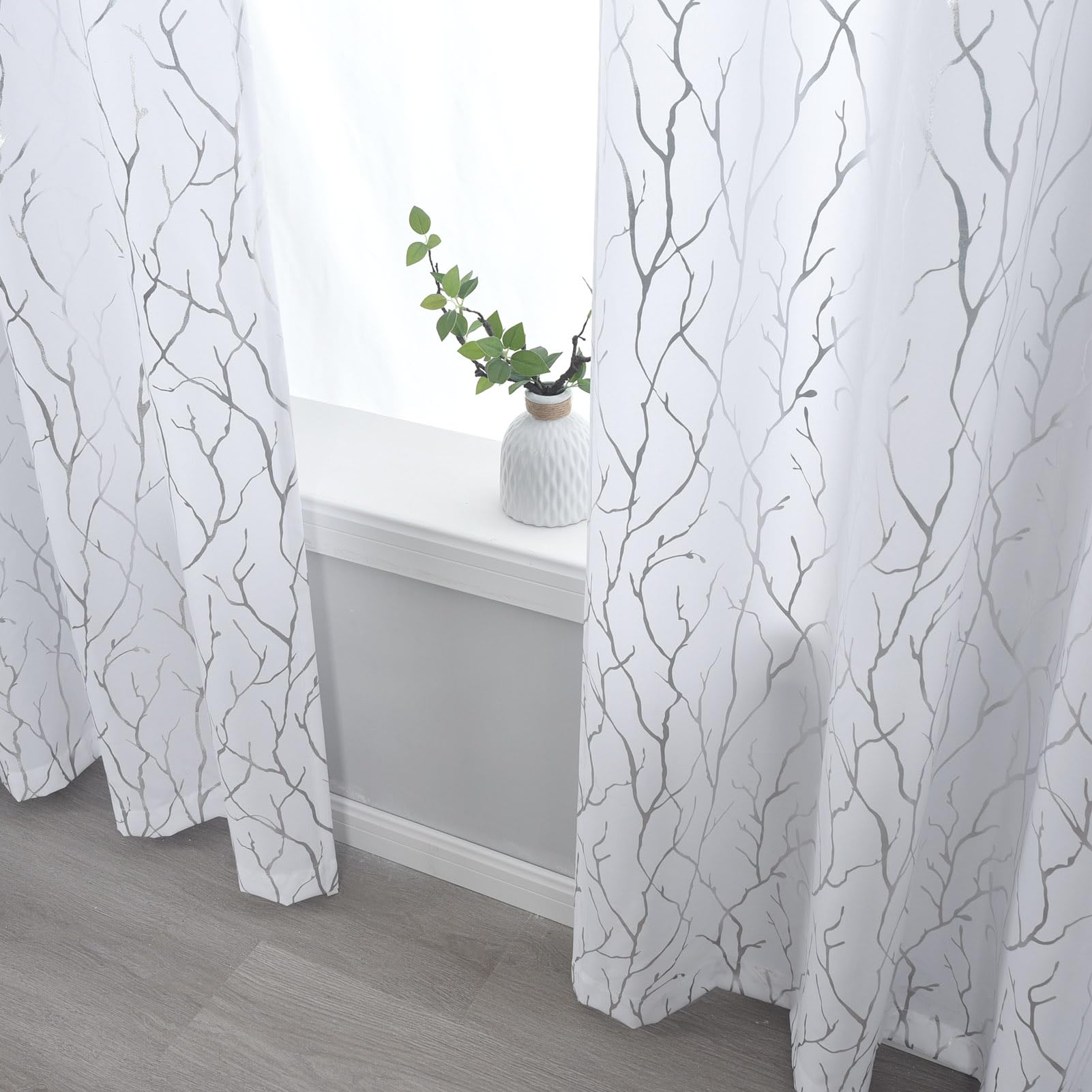Kotile Silver Tree Branch Curtains 63 Inch Length, Metallic Shimmer White Curtains for Bedroom Grommet Top Privacy Semi-Sheer - Image 4