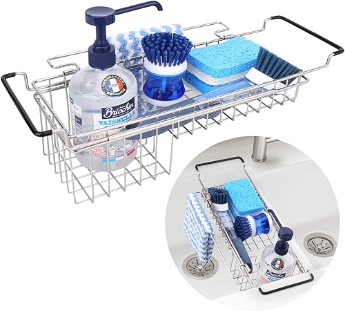 Organizador de fregadero de cocina con barra de toalla de plato estante telescópico de acero inoxidable soporte de esponja para fregadero accesorios