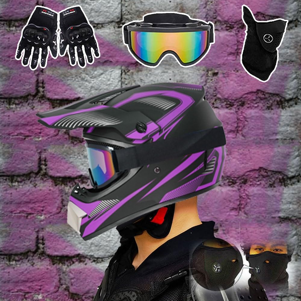 Casque de Motocross pour Adulte, Homologué Dot, pour Jeunes, Tout-Terrain, pour VTT, BMX, MX, VTT, avec Lunettes, Gants Et Masque