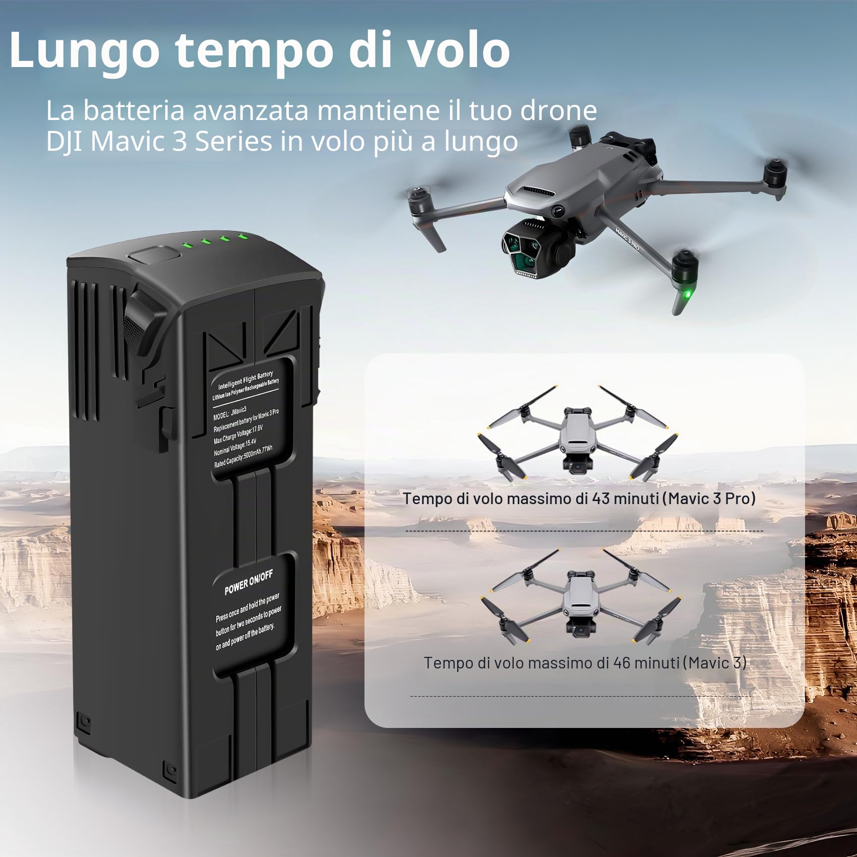 Mavic 3 Serie Batteria di volo intelligente 1 pacco 5000mAh(46 minuti di volo massimo) Compatibile con DJI Mavic 3,Mavic 3 Pro,Mavic 3 Pro Cine,Mavic 3 Classic,Mavic 3 Cine,Mavic 3 Enterprise Series
