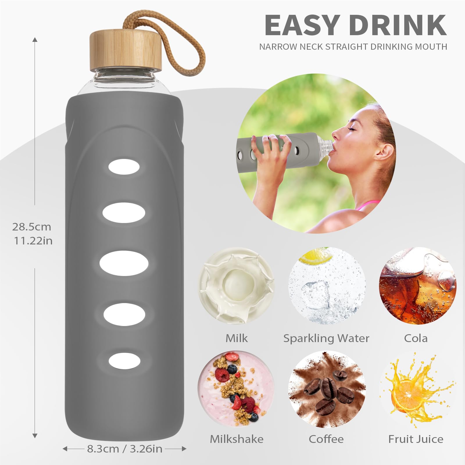 Ferexer 1 litre / 1l / 1000 ml Sport Borosilicate Glass Water Bottle with Protective Silicone Sleeve and Bamboo Lid (grey) - Image 3