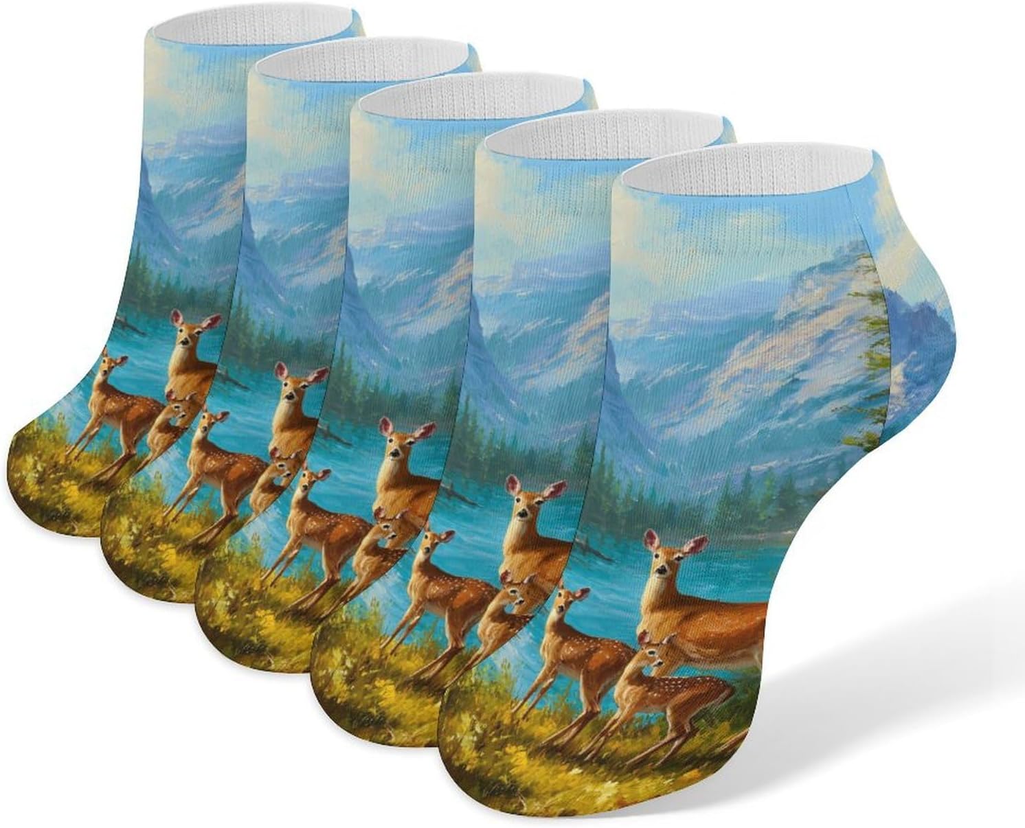 Deer Family River Mountain Forests No Show Ankle Socks Low Cut Non Slip Flat Boat Line 5 Pairs Set