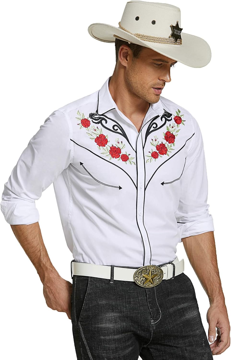 COOFANDY Men's Western Cowboy Shirt Long Sleeve Embroidered Shirt Slim Fit Cotton Casual Button Down Shirt