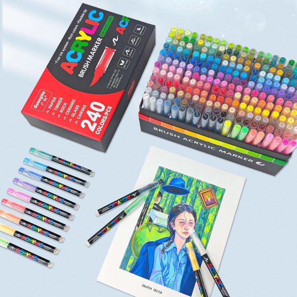 Image of Guangna 240 Colours Acrylic Pen Marker Set for Fabric, Canvas, Glass, Wood and Paper