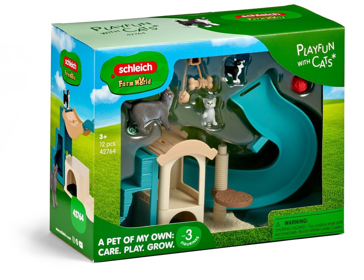 schleich FARM WORLD | Kocia zabawa 42764 | Zestaw z domkiem dla kotów, 3 kotami, drapakiem & akcesoriami | Realistyczna zabawka farma | Prezent dla dzieci od 3 lat | 12 elementów