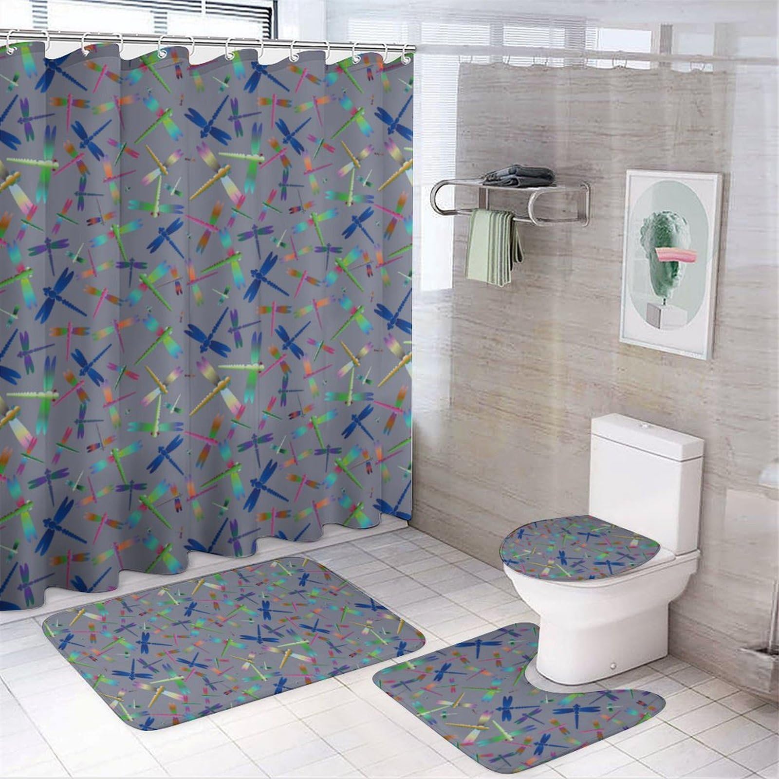 CGSBNGHA Colored Cute Dragonfly Shower Curtain Set 4 Piece Bathroom Sets with Rugs Toilet Lid Cover And U-Shaped Floor Mat