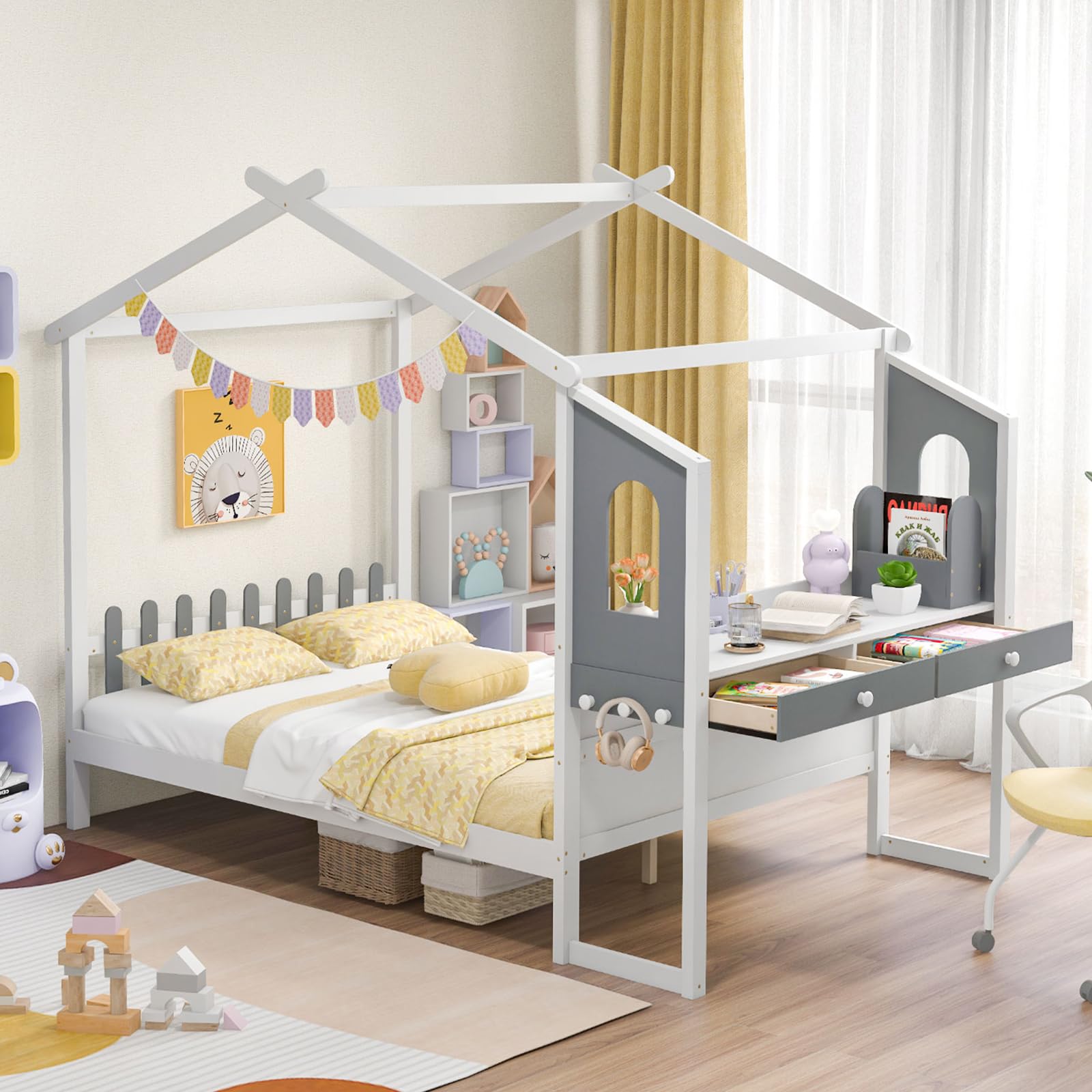 Giantex Full Size House Bed with Study Desk, Solid Wood Montessori Bed Frame with House Roof, Removable Box, Storage Drawers and Hanging Hooks, Full