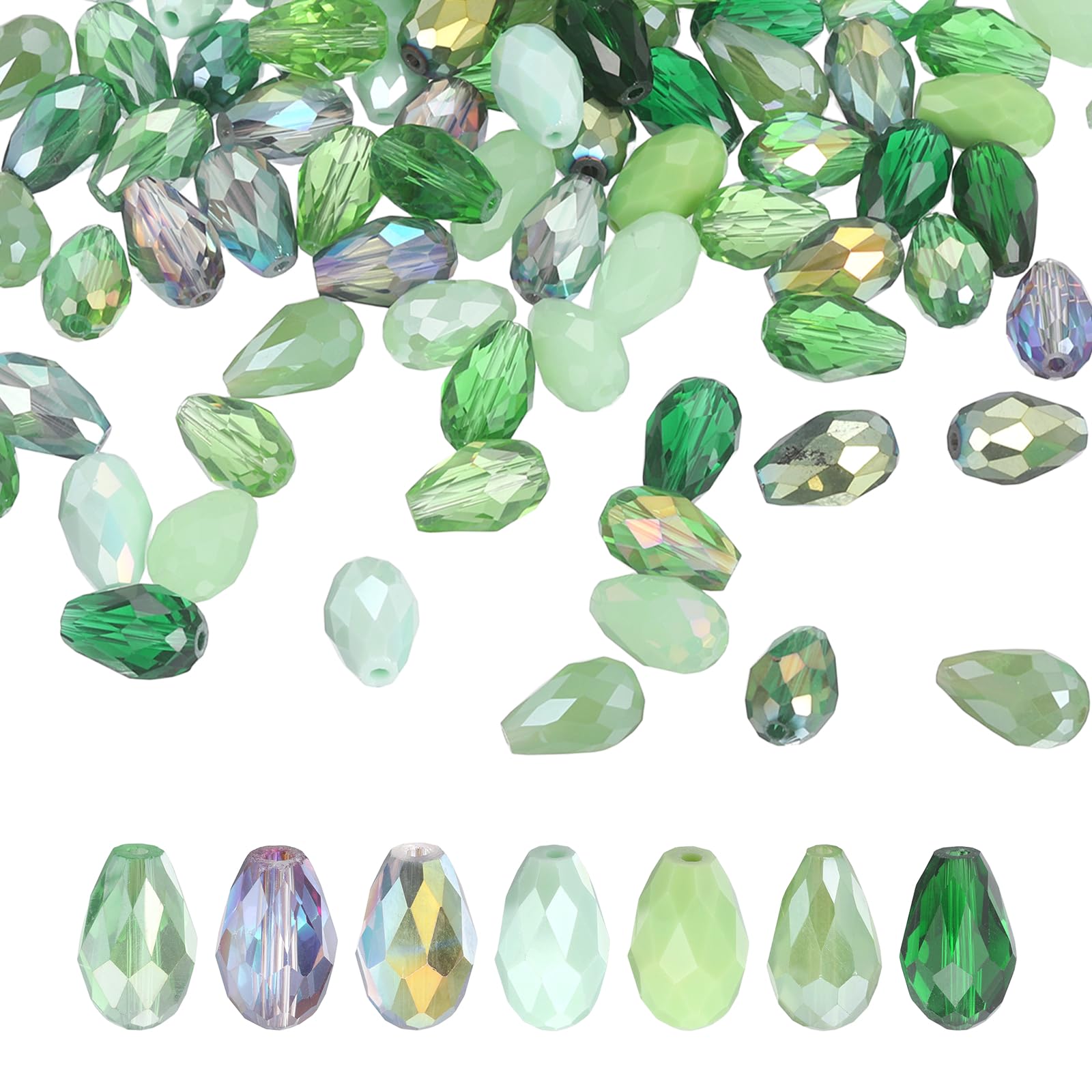 sourcing map 100 PCS Teardrop Crystal Glass Beads, 10x15mm Faceted Shape Crystal AB for Necklace Bracelet Earrings DIY Jewelry Crafts Making Supplies, Green