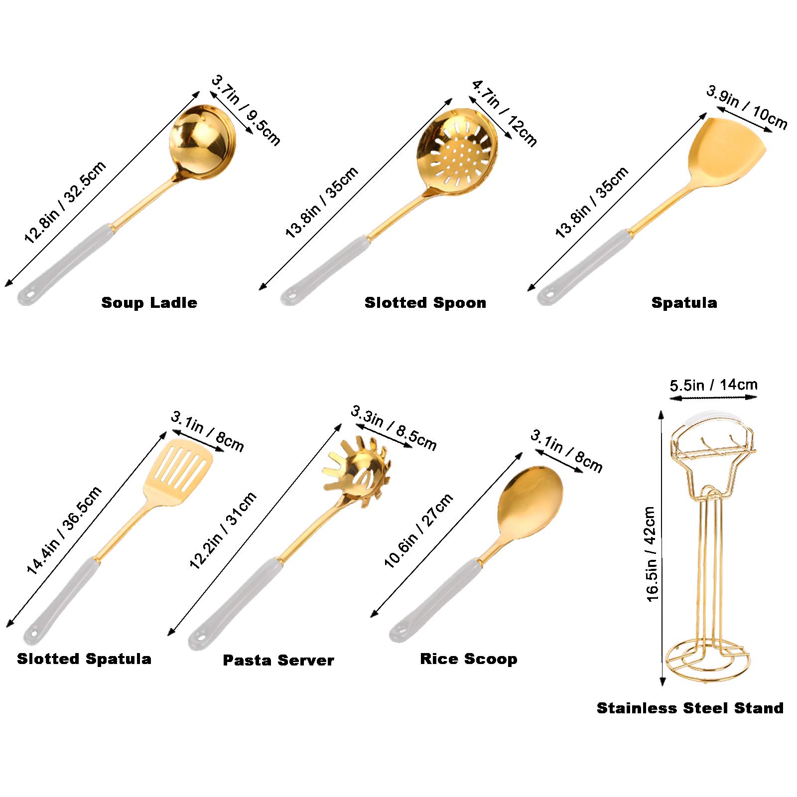 7-teiliges Pfannenwender-Set, Edelstahl, Kochgeschirr-Set mit Aufbewahrungsständer, Keramikgriff, Kochutensilien (weiß + gold)