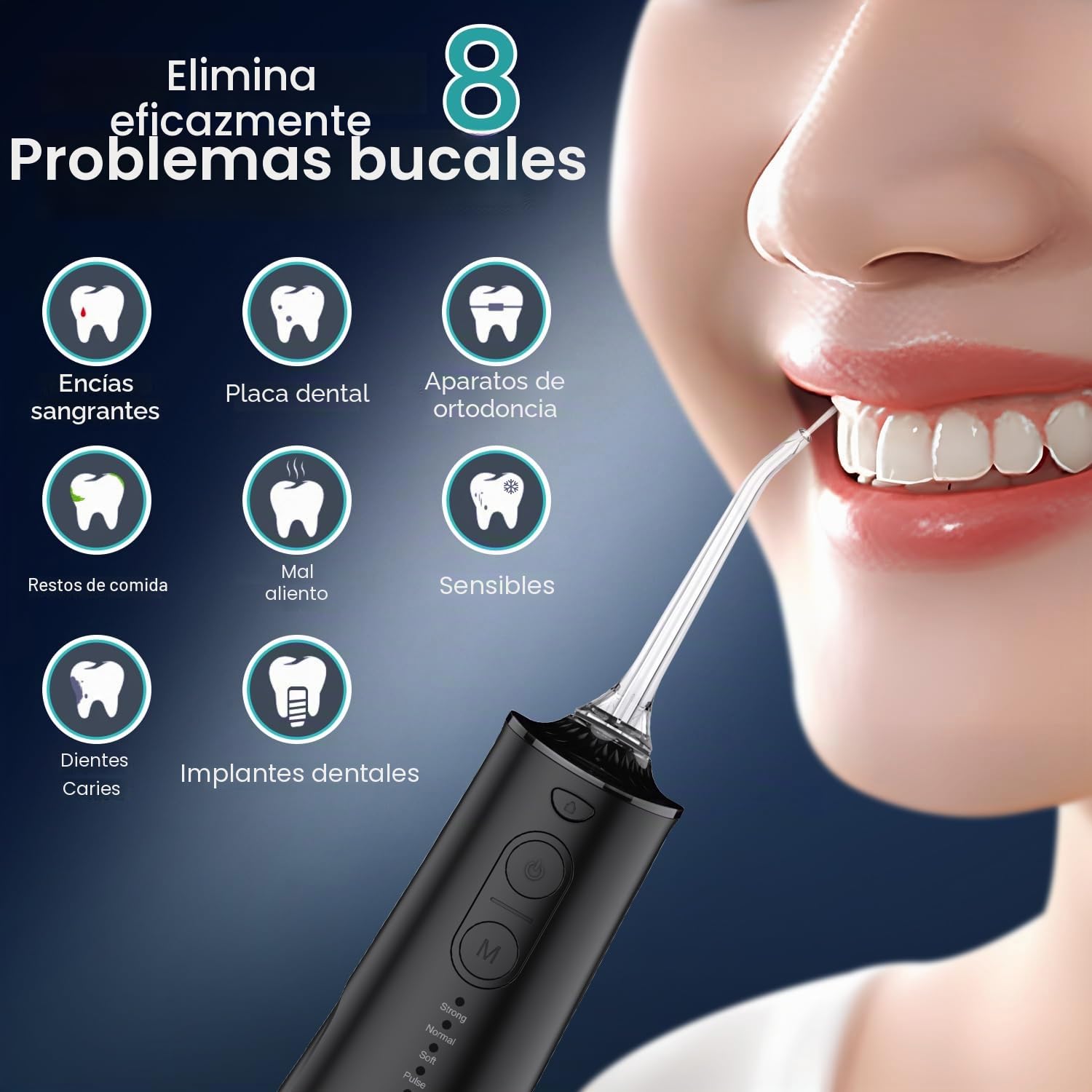 Irrigador bucal inalámbrico limpiador dental eléctrico, Vimmk Dental Water Flosser 5 modos y 8 boquillas USB-C recargable agua Flosser IPX7 resistente al agua, tanque de agua de 300 ml, limpiador de