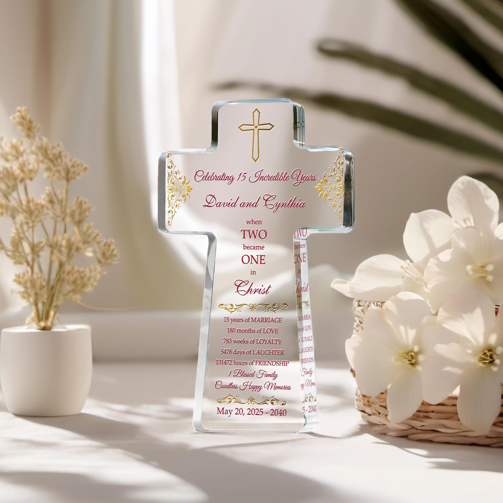 Personalized Christian Crystal Gift for 15 Year Wedding Anniversary, Crystal Standing Cross Customized with Couple names and Religious Anniversary Wishes in Traditional 15th Anniversary Color (S - 8