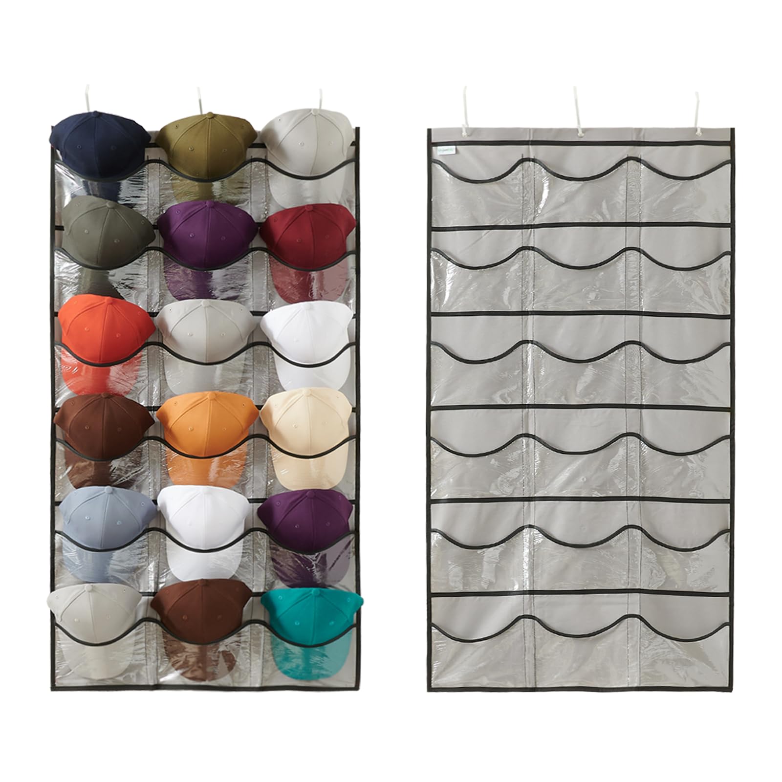 Unjumbly Baseball Hat Rack, Hat Organizer with 18 Pockets, Over the door Hat Rack with 3 Door Hooks, Clear Deep Pockets to Display Baseball Caps Collection, Fit 3/8" and 1 3/4" Door Width, Grey