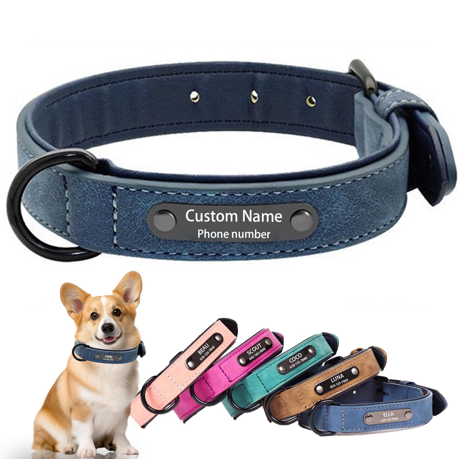 Aeor Personalised Dog Collar Soft PU Leather Padded Engraved Name Phone Number Adjustable for Small Medium Large Dogs (M:Adjustable 27-35cm neck, Width 2.0cm)