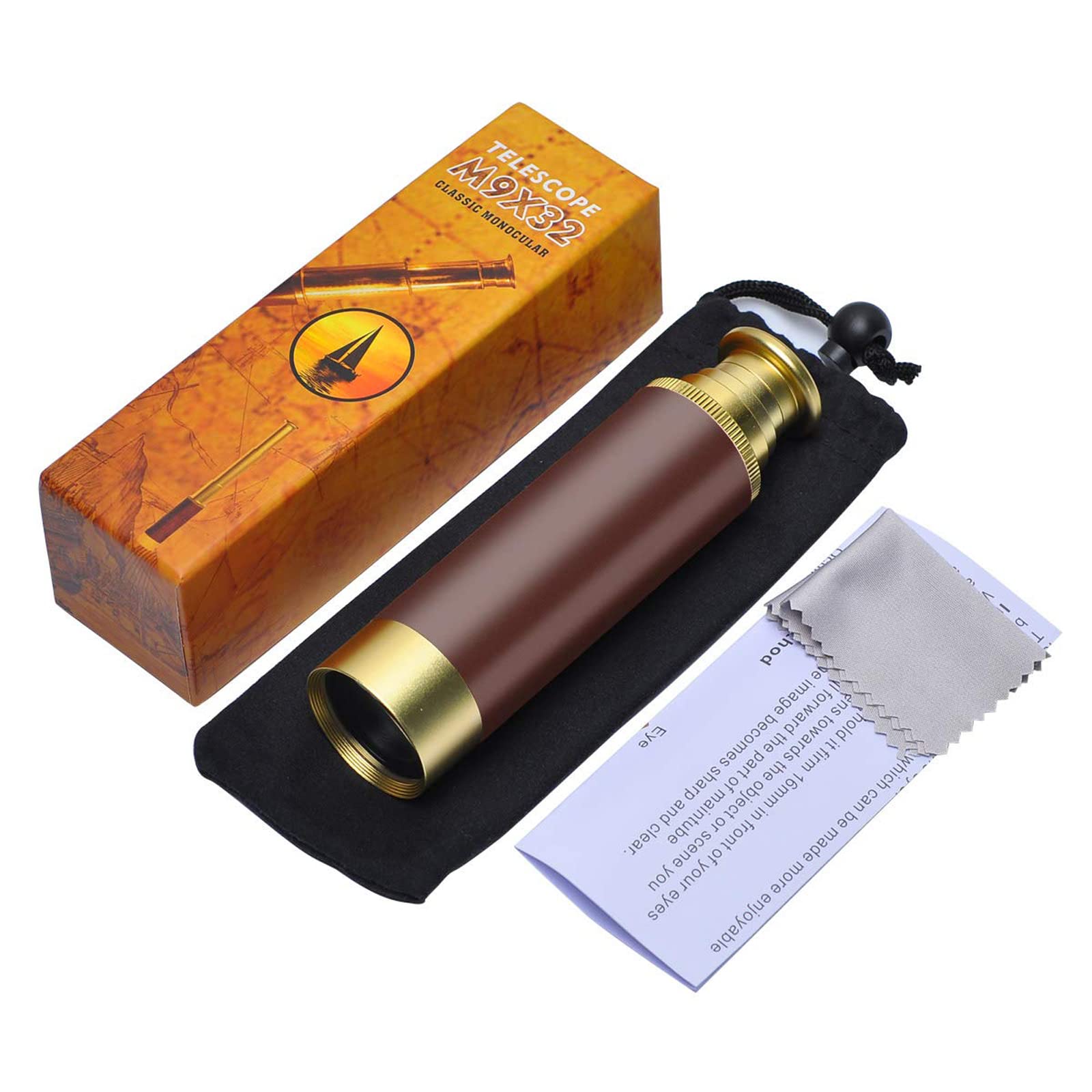 Lychee Monoculaire Etanche Mini Monoculaire Télescopique Retractable Vintage Pirate Optique Telescope Alliage Aluminium avec Placage de Cuivre 4 Sections HD pour Navigation à Voile Voyage Jeux