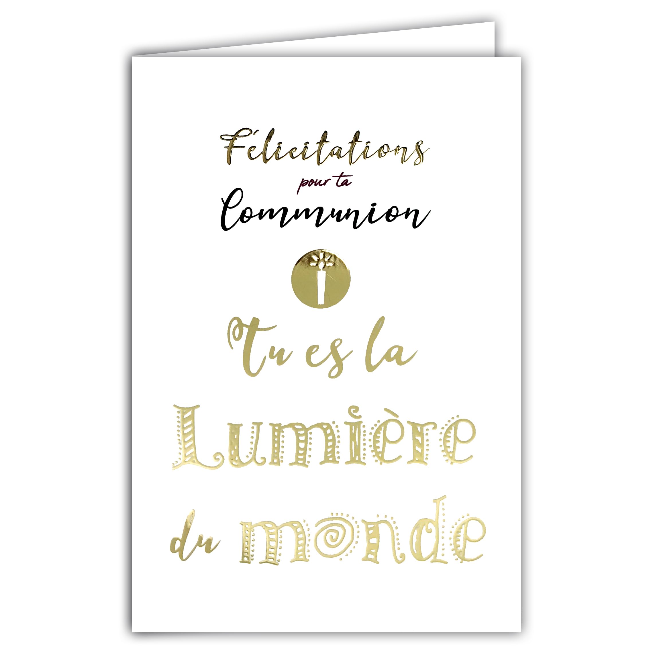 68-6008 Congratulations on Your Communion Card for Boy Girl "You Are the Light of the World" Shiny Gold with White Envelope Size 12 x 17.5 cm Small Large Solemn Communion Made in France