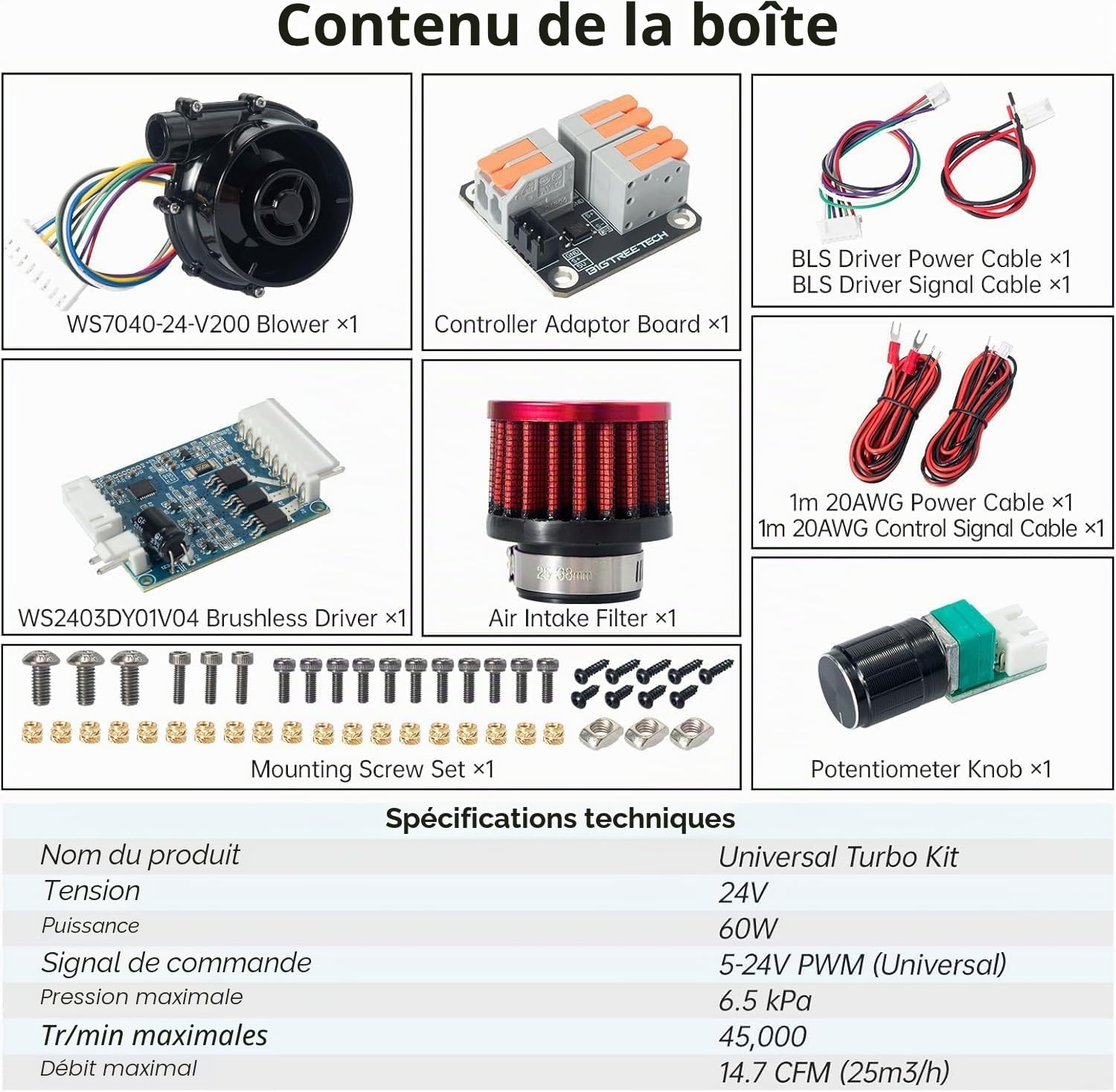 BIGTREETECH Kit turbo universel 24 V Brushless Centrifugal WS7040 BLDC Blower Fan 6,5 kpa Blower Fan Kit avec adaptateur contrôleur universel et filtre à air pour Voron2.4, VzBot, HevORT