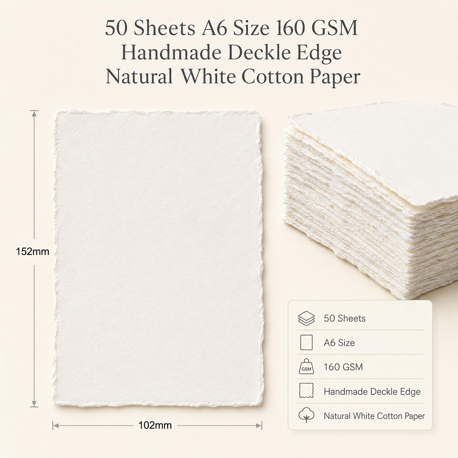 50 Blätter Handgeschöpftes Papier Aquarellpapier mit Büttenrand | 150 GSM, Strukturpapier, Baumwollpapier, Vintage Antikpapier für Handwerk Einladungen Zeichnen Skizzieren Schreiben