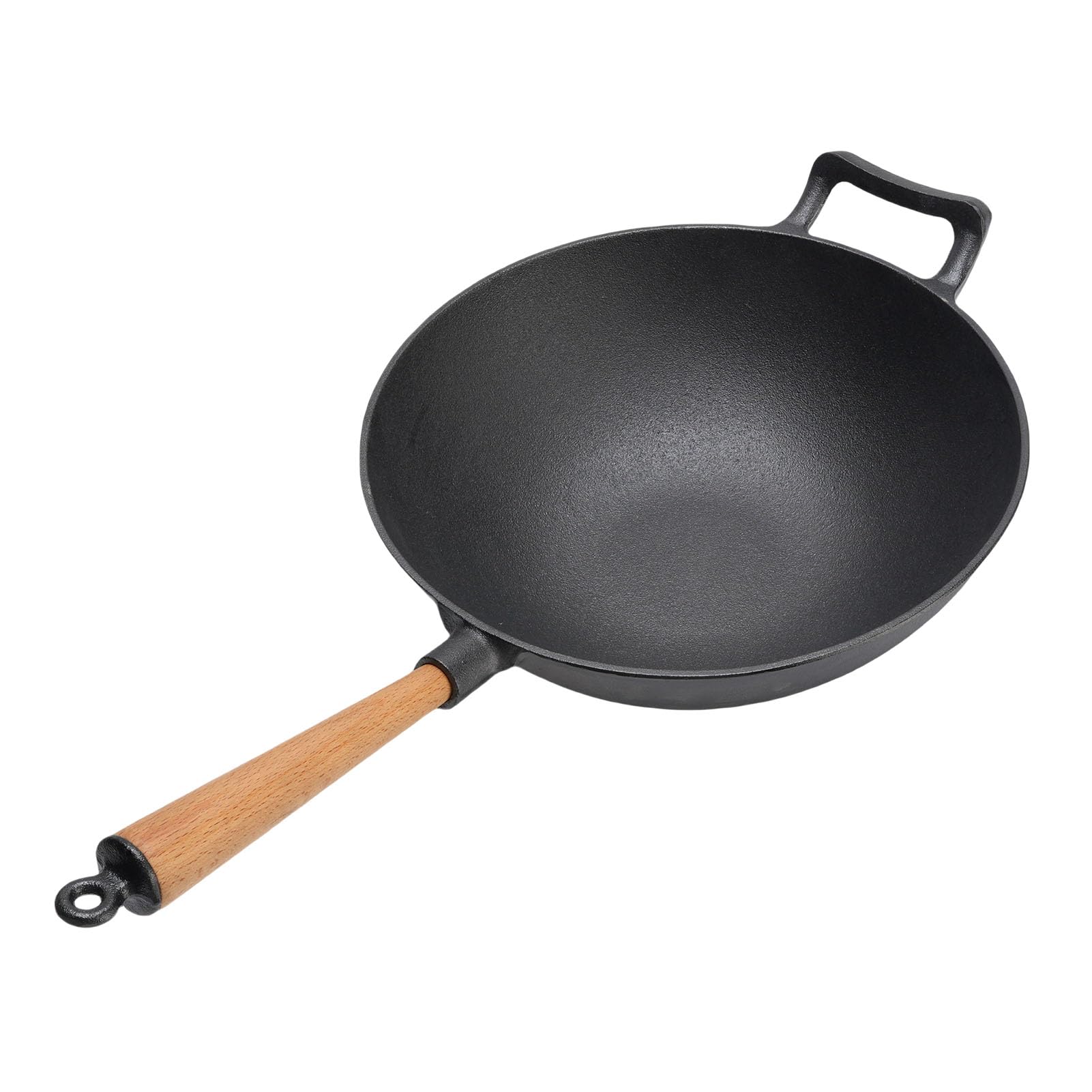 Wok żeliwny, 11,8-calowy Drewniany Uchwyt z Płaskim Dnem, Patelnia do Smażenia, Chińska Patelnia Wok z Drewnianym Uchwytem do Indukcyjnej, Elektrycznej Płyty Gazowej z Otwartym Ogniem