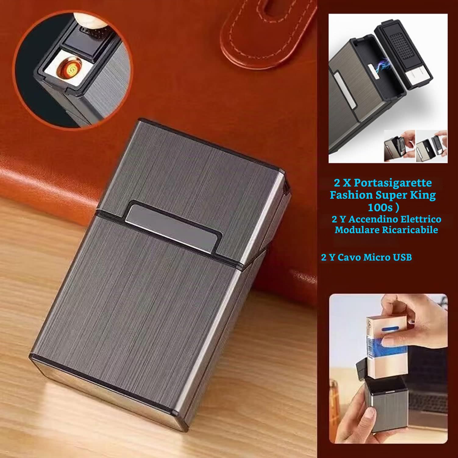 Portasigarette con accendino 100's King Size 20pcs Sigarette 2 Pack Ricaricabile Senza Fiamma Antivento Accendino Elettrico Specchio Trucco
