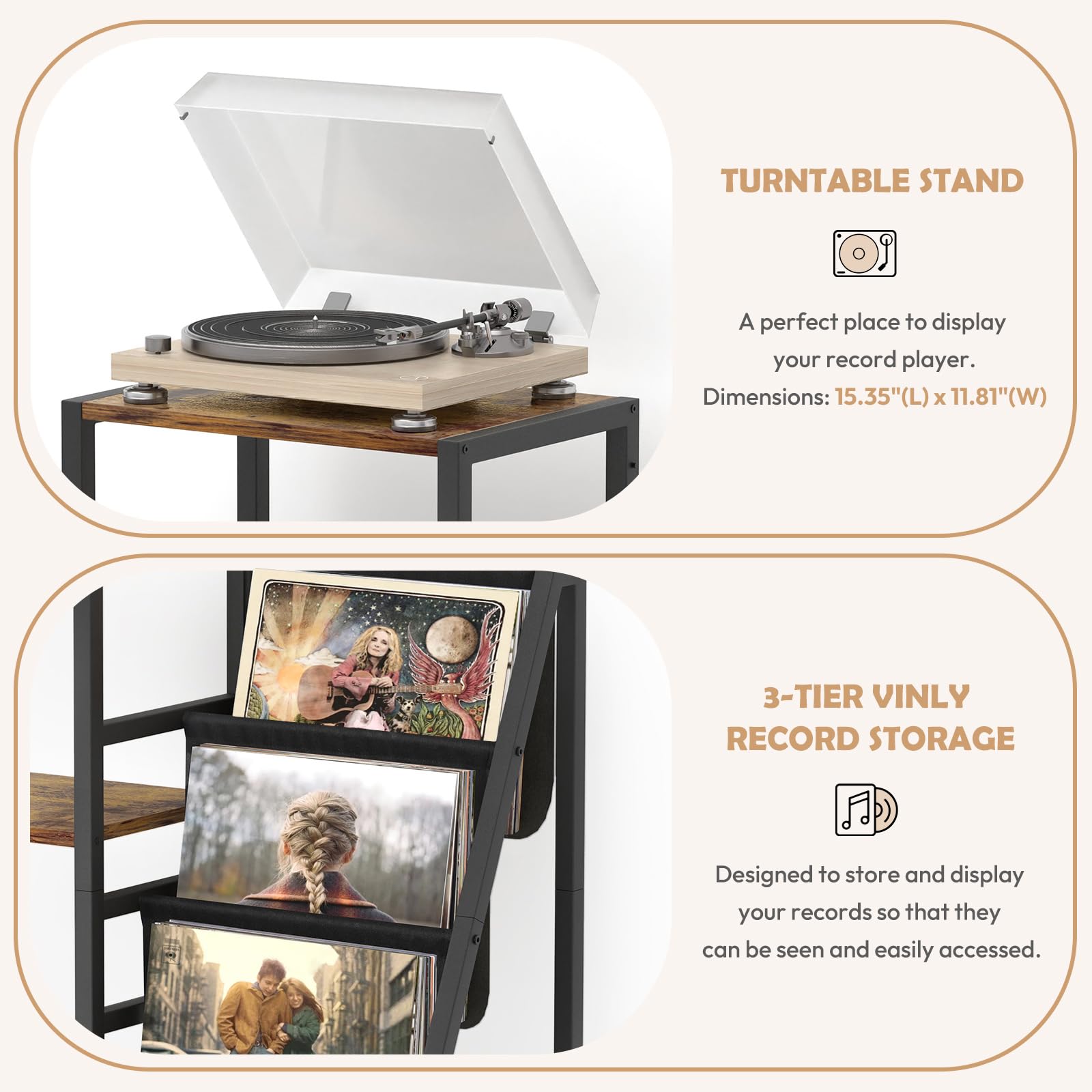 Opslag voor Vinylplaten, Gitaarstandaard voor Akoestische, Elektrische Gitaar, Basgitaar met Versterkerstandaard, 3 Niveaus Platenstandaard tot 200 Albums Platenspeler Tafel voor Luidspreker