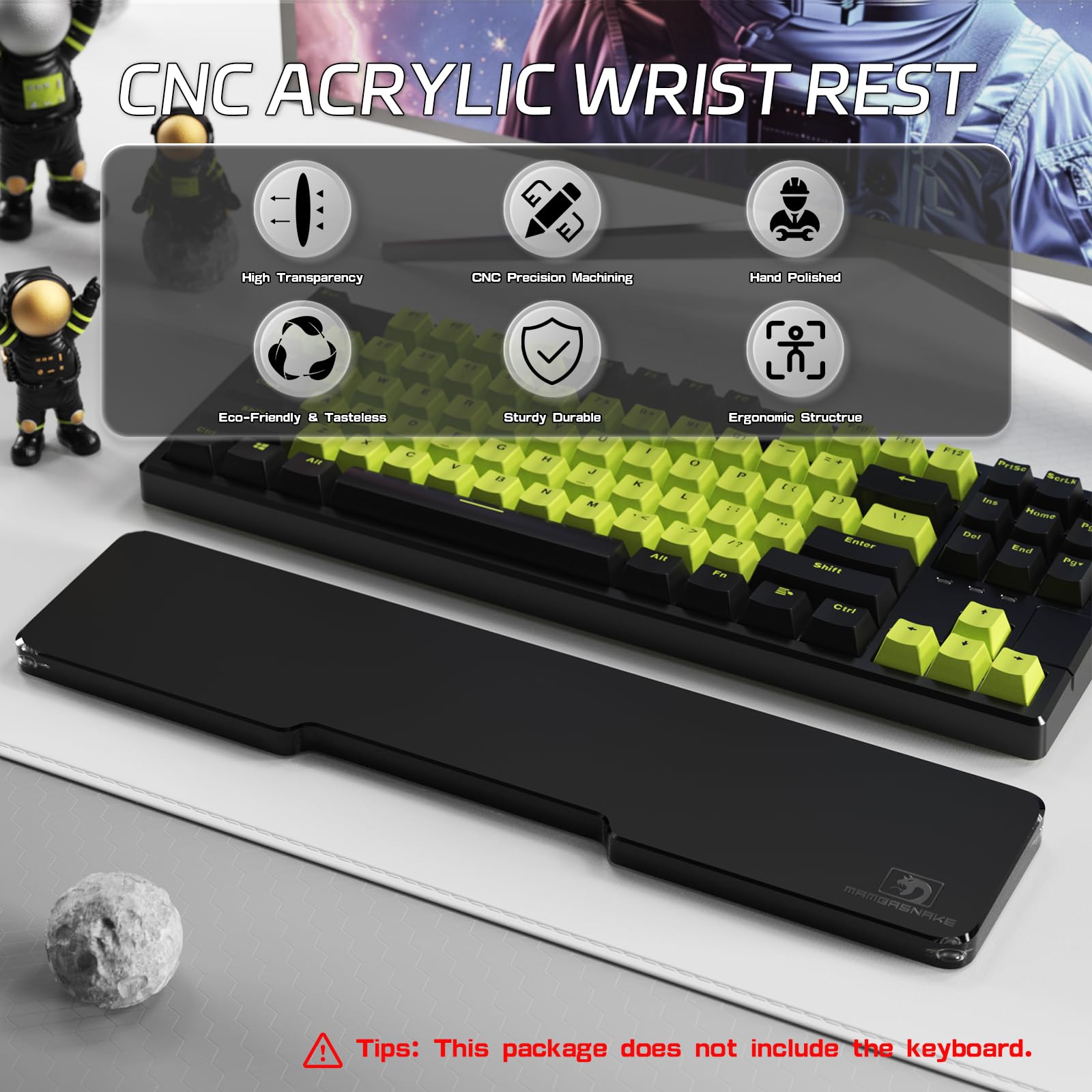 TENKEYLESS Repose-poignet en acrylique pour clavier mécanique, base antidérapante, repose-poignet pour clavier d'ordinateur, ordinateur portable, bureau et maison, saisie facile (noir)