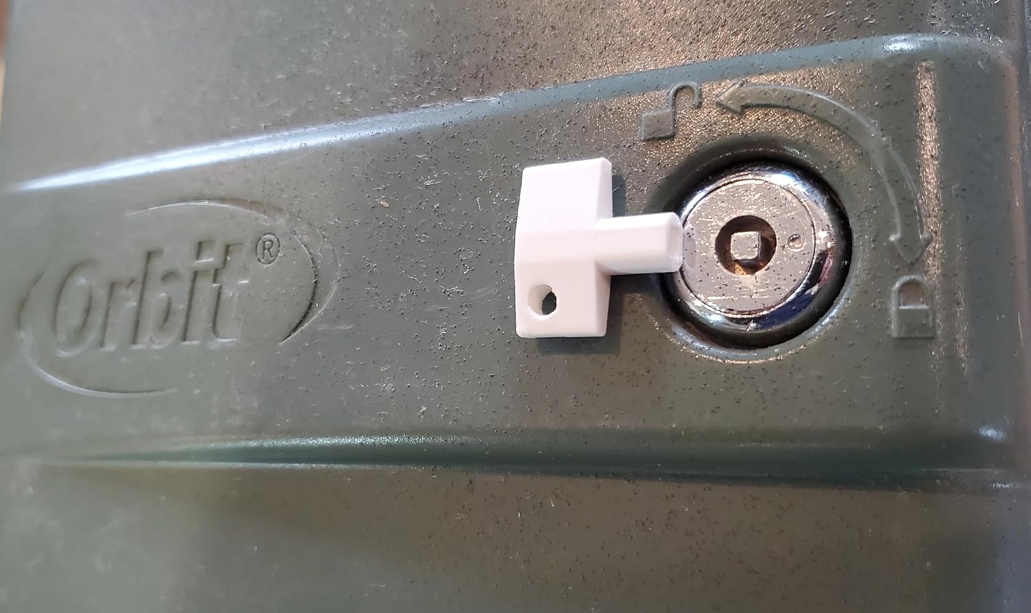 Close-up of IrriFix key in Orbit controller keyhole