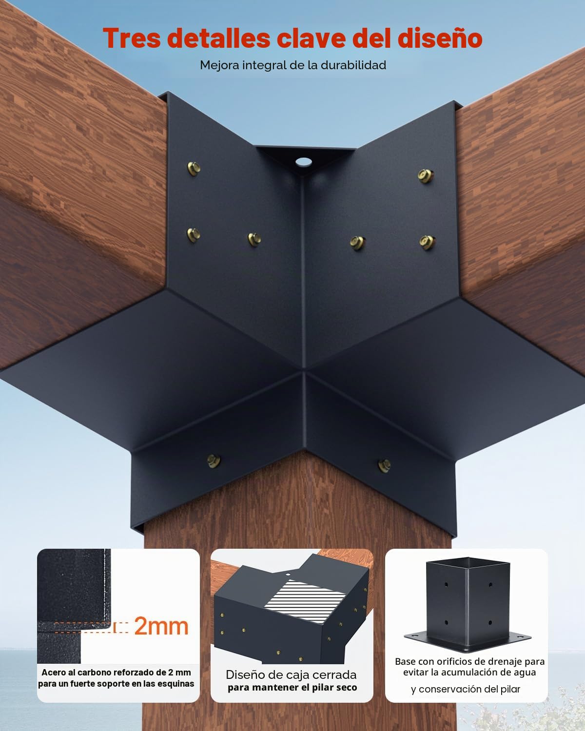 VEVOR Kit de Soportes de Esquina Resistentes de 3 Vías a Pérgola 10 x 10 cm, a Postes de Carpintería, Fácil Instalación, Vigas de Madera a Cenadores, Pérgolas de Patio y Cabañas de Madera, 8 uds