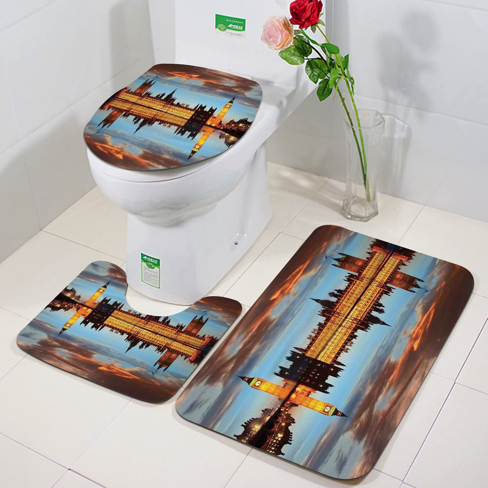 Bath Mat Sets 3 Piece Washable Bath and Pedestal Mat Sets,London,Splendent Scene of Big Ben Westminster Cloudy Night Thames River Im,Bathroom Rug Set Absorbant Bathroom Mat Set Bath and Toilet Mat Set