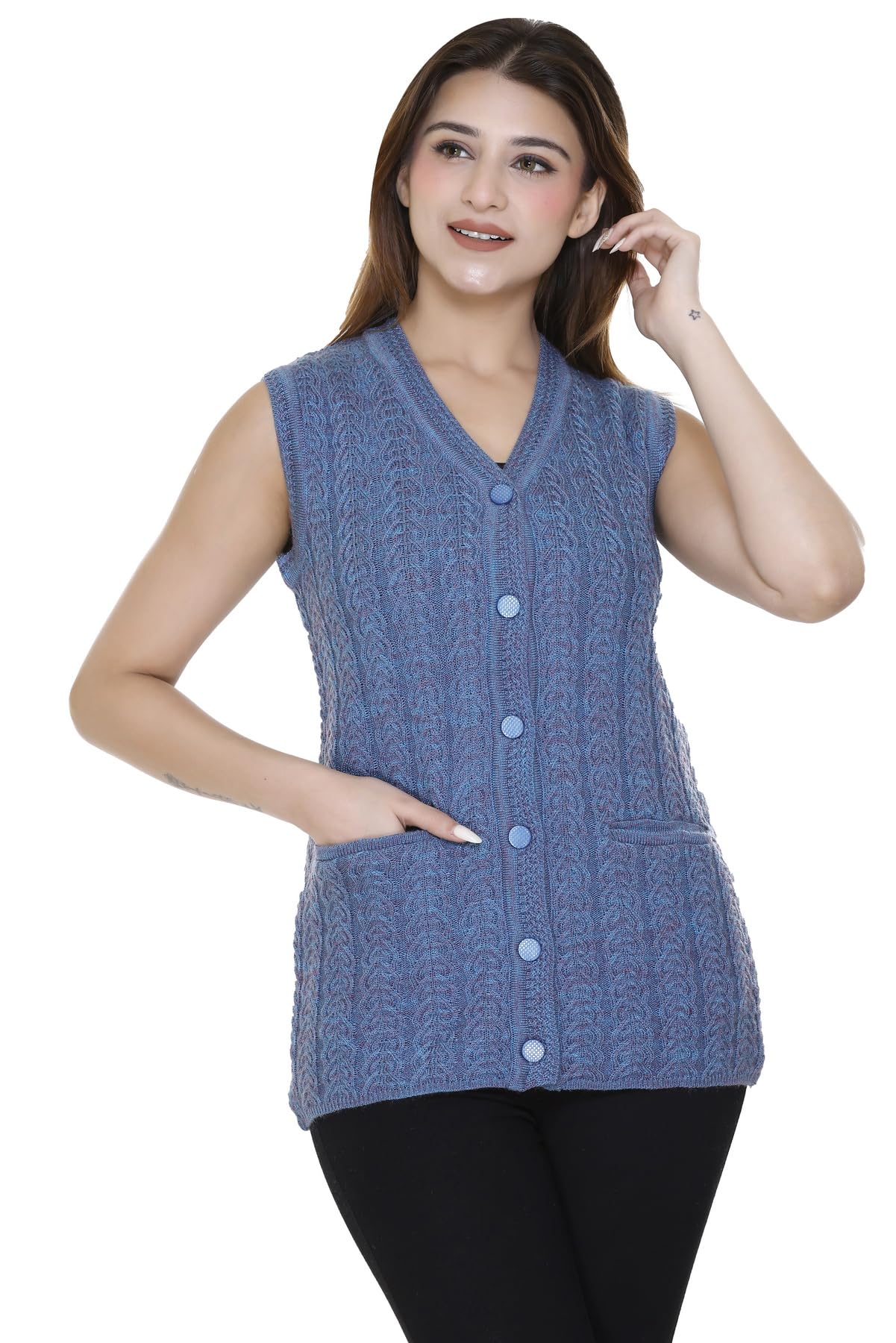Self Design Sleeveless V Neck Woollen Cardigan for Women with Front Pockets-image-29