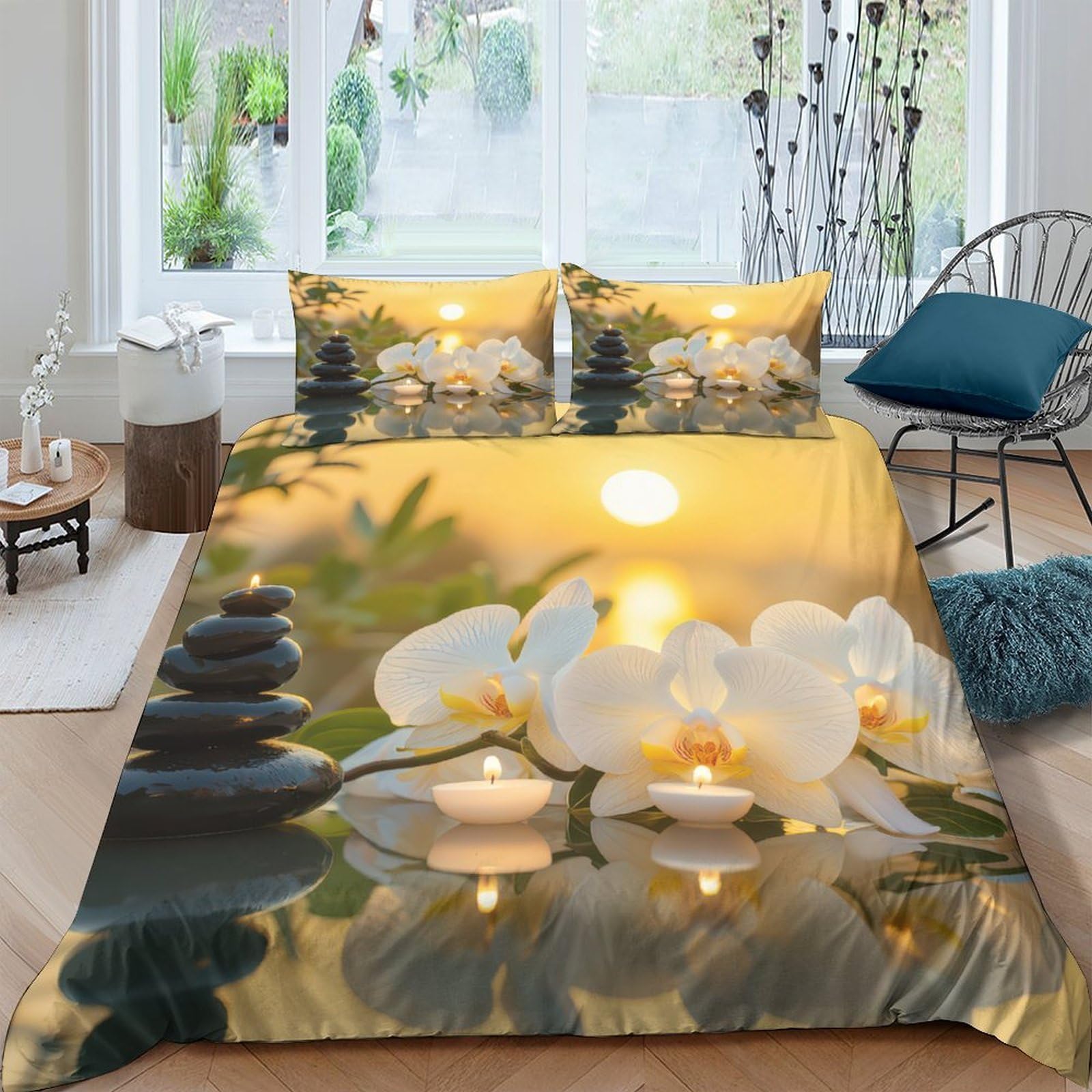 Ctjqhvkz Style-7 3D Printed Zen Orchid Fitted Sheet Microfiber Soft Anti-Slip Candle Stones Bed Sheet For Bedroom Decor Dorm Single（135X200cm）