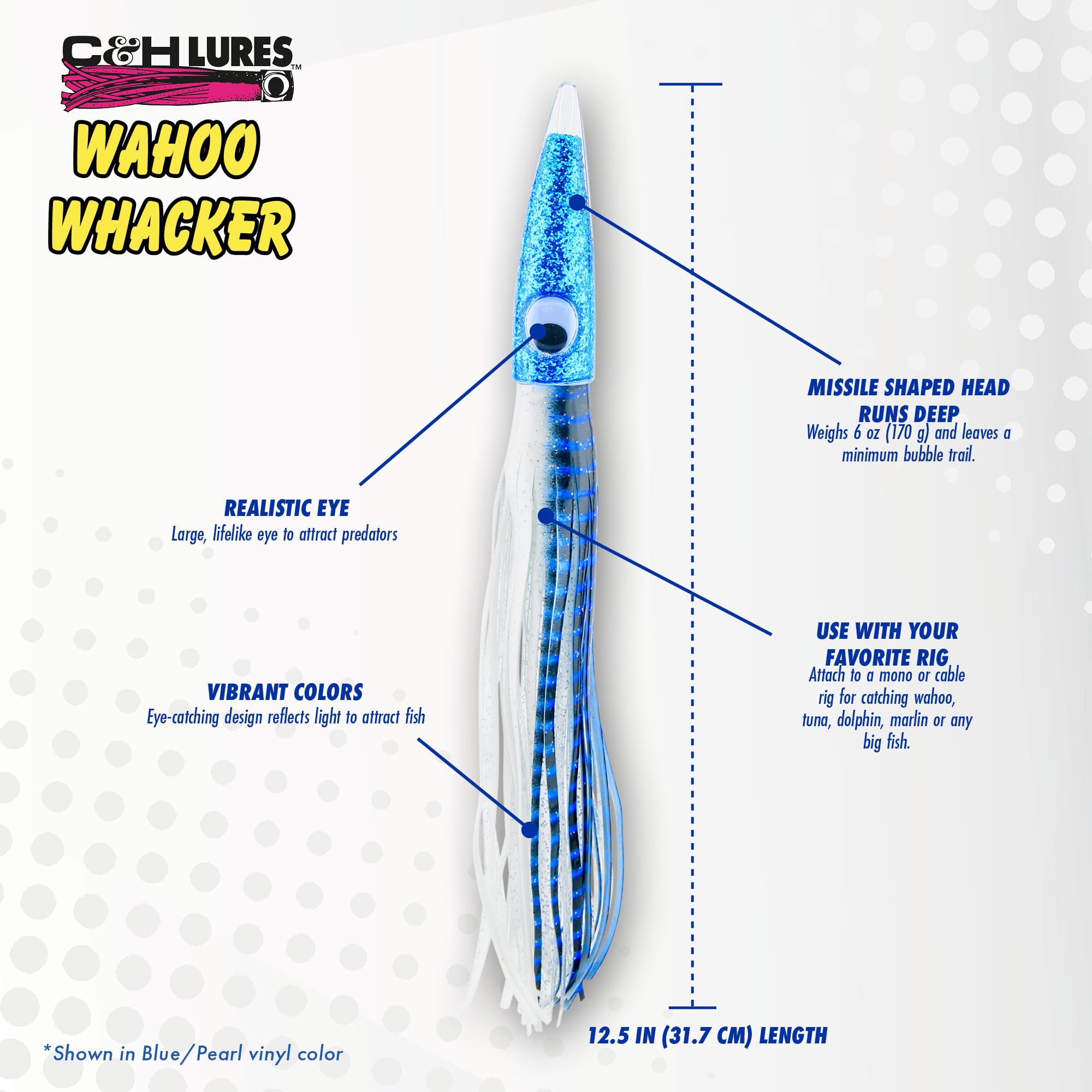 C&H Lures Wahoo Whacker Rigged & Ready 31.8 cm - Przynęty wędkarskie na słonowodne z hakiem Mustad 10/0, obrotowym AFW i linią mono o wadze 90 kg – sprzęt wędkarski premium na słoną wodę do trollingu